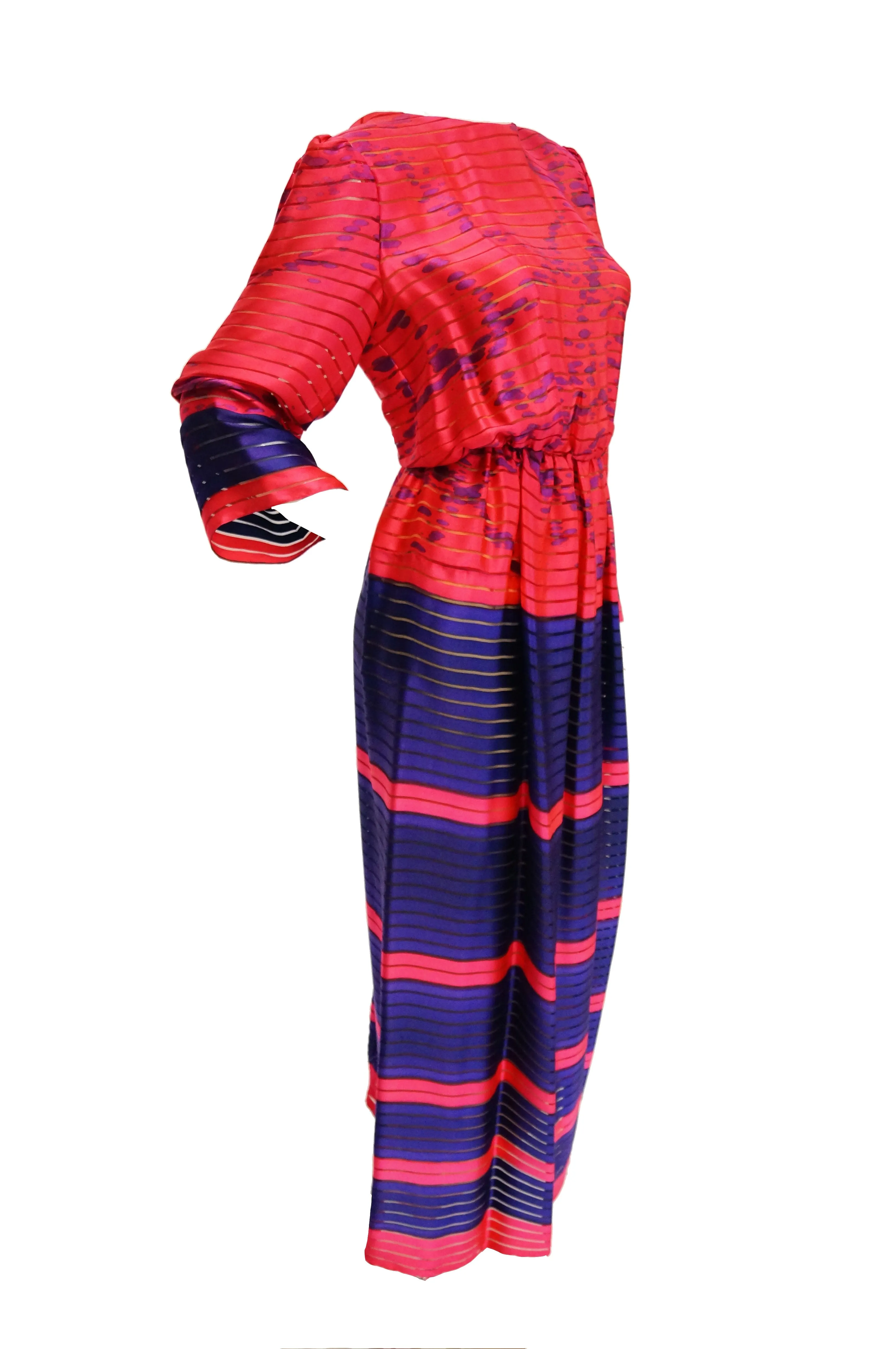 1970s Bill Blass Neon Pink and Purple Sheer Stripe Dress