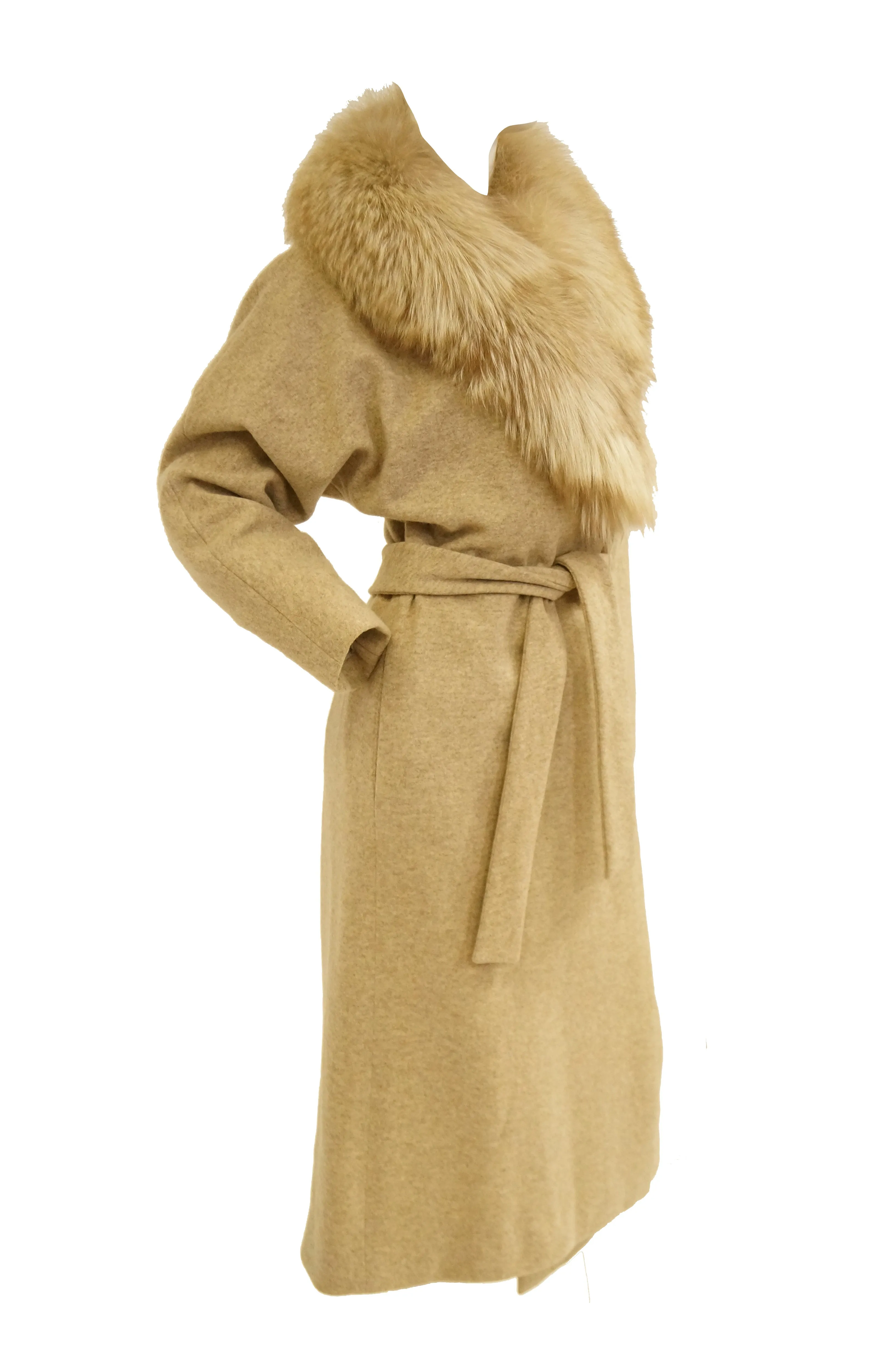 1970s Bill Blass Plush Fox Collar Wool Wrap Coat for Neiman Marcus