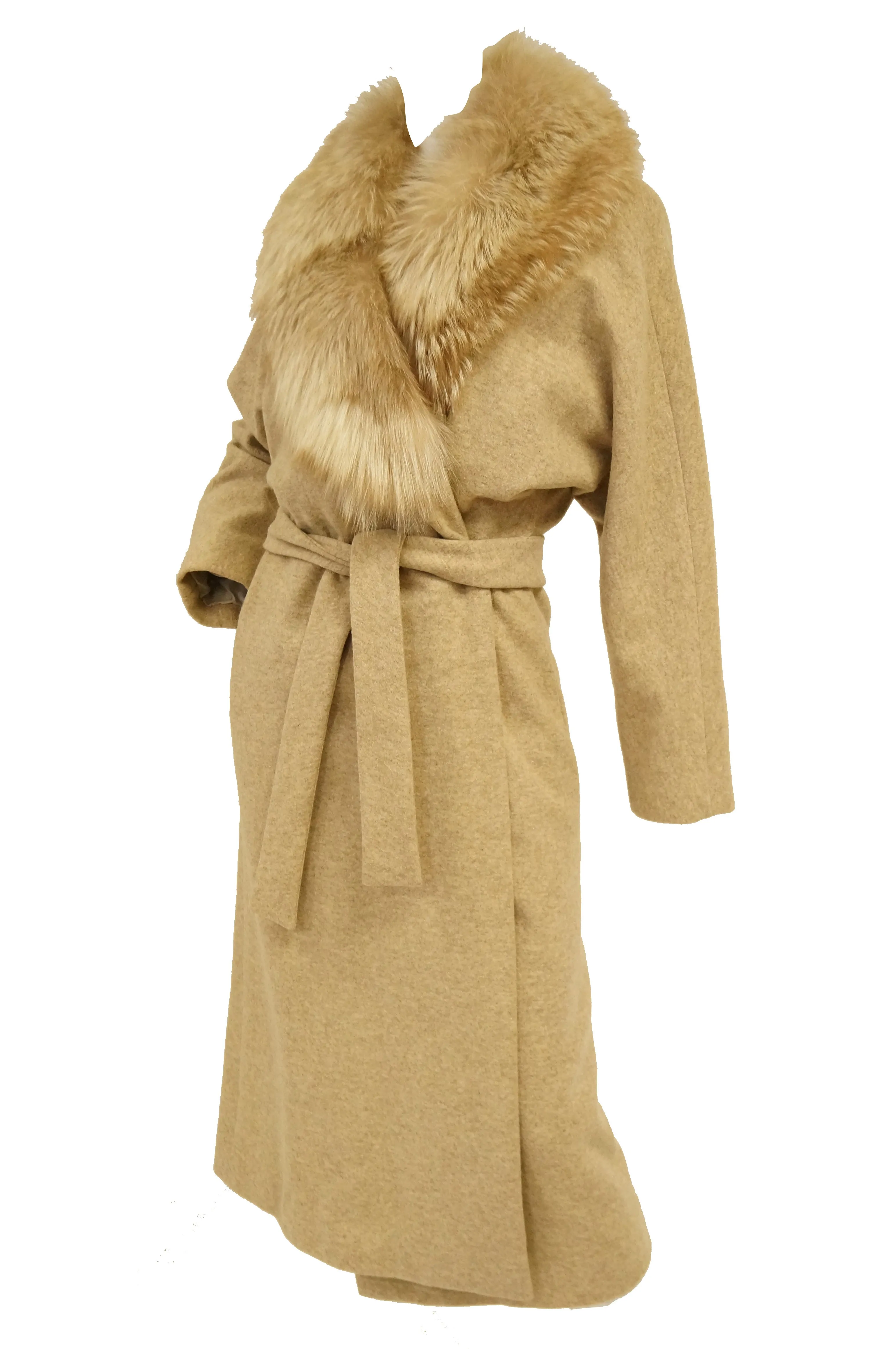 1970s Bill Blass Plush Fox Collar Wool Wrap Coat for Neiman Marcus