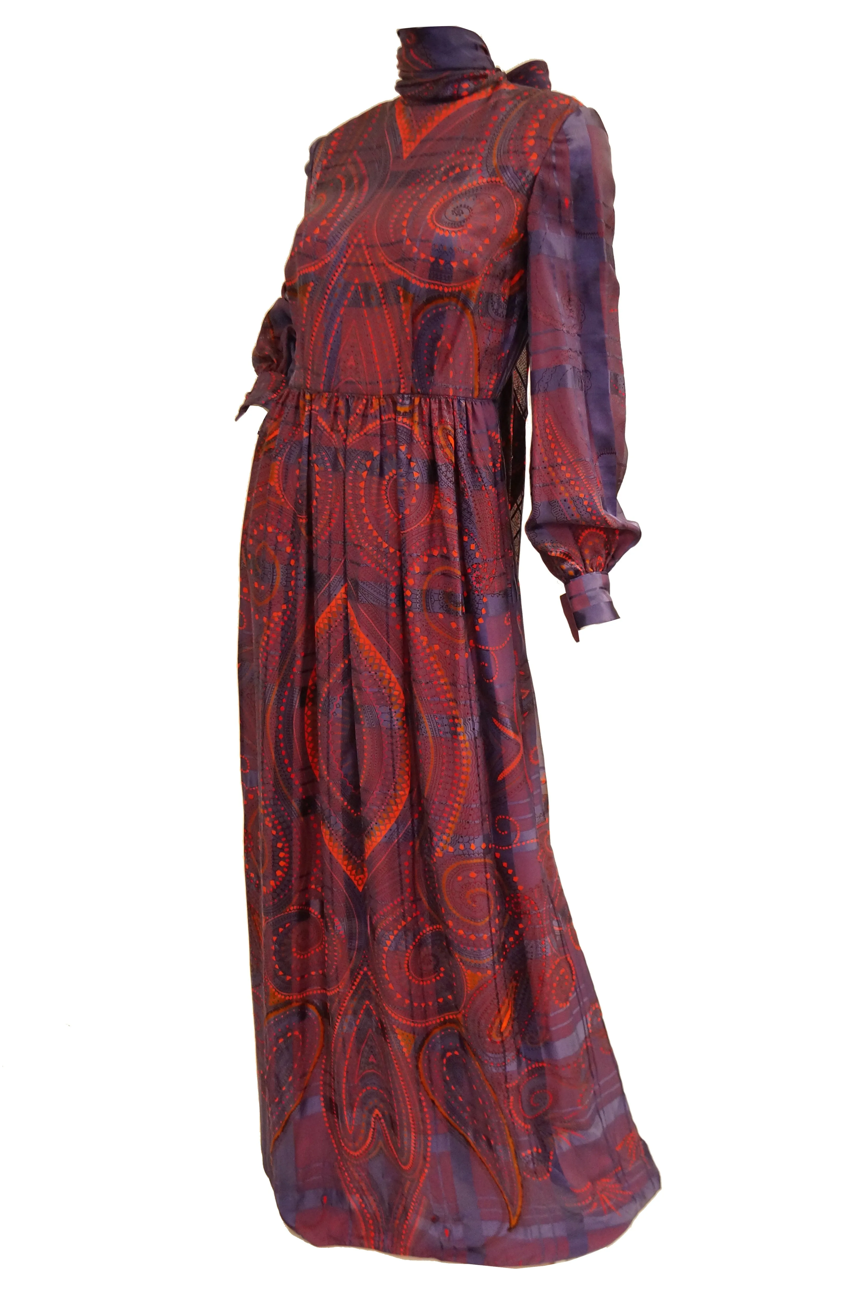1970s Bill Blass Purple and Red Silk Evening Dress W/ Neck Tie/ Bow Detail