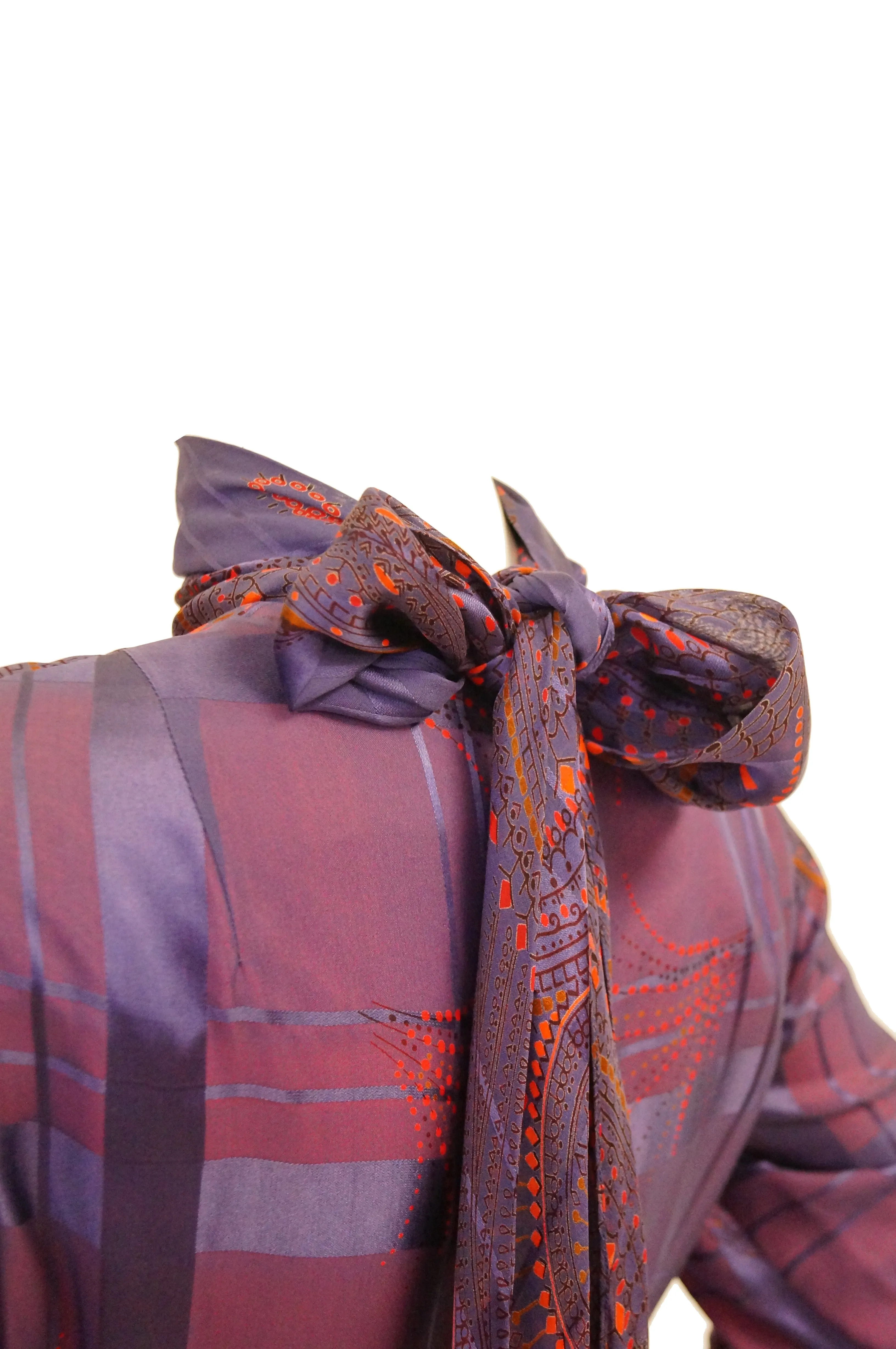 1970s Bill Blass Purple and Red Silk Evening Dress W/ Neck Tie/ Bow Detail