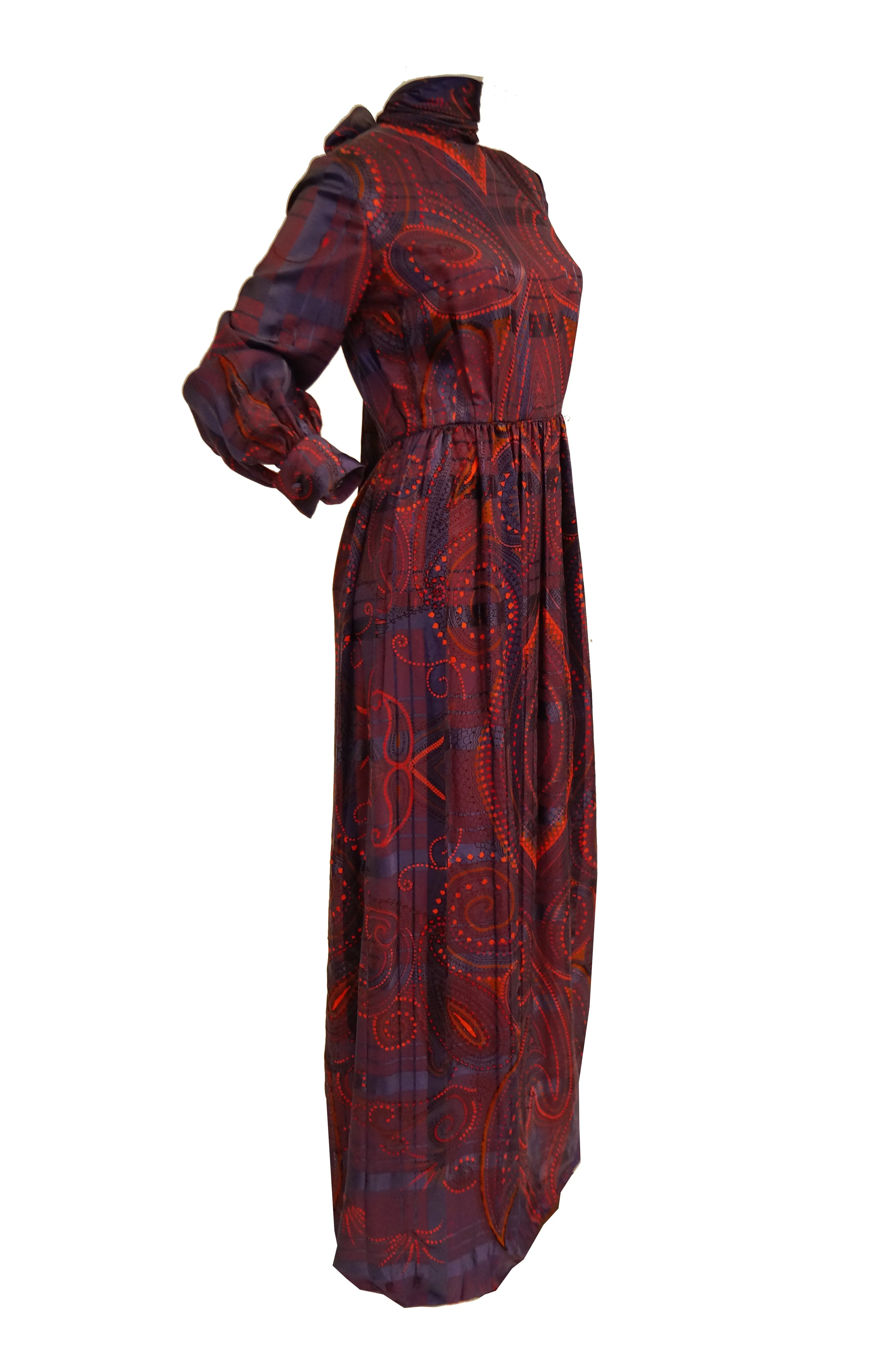 1970s Bill Blass Purple and Red Silk Evening Dress W/ Neck Tie/ Bow Detail