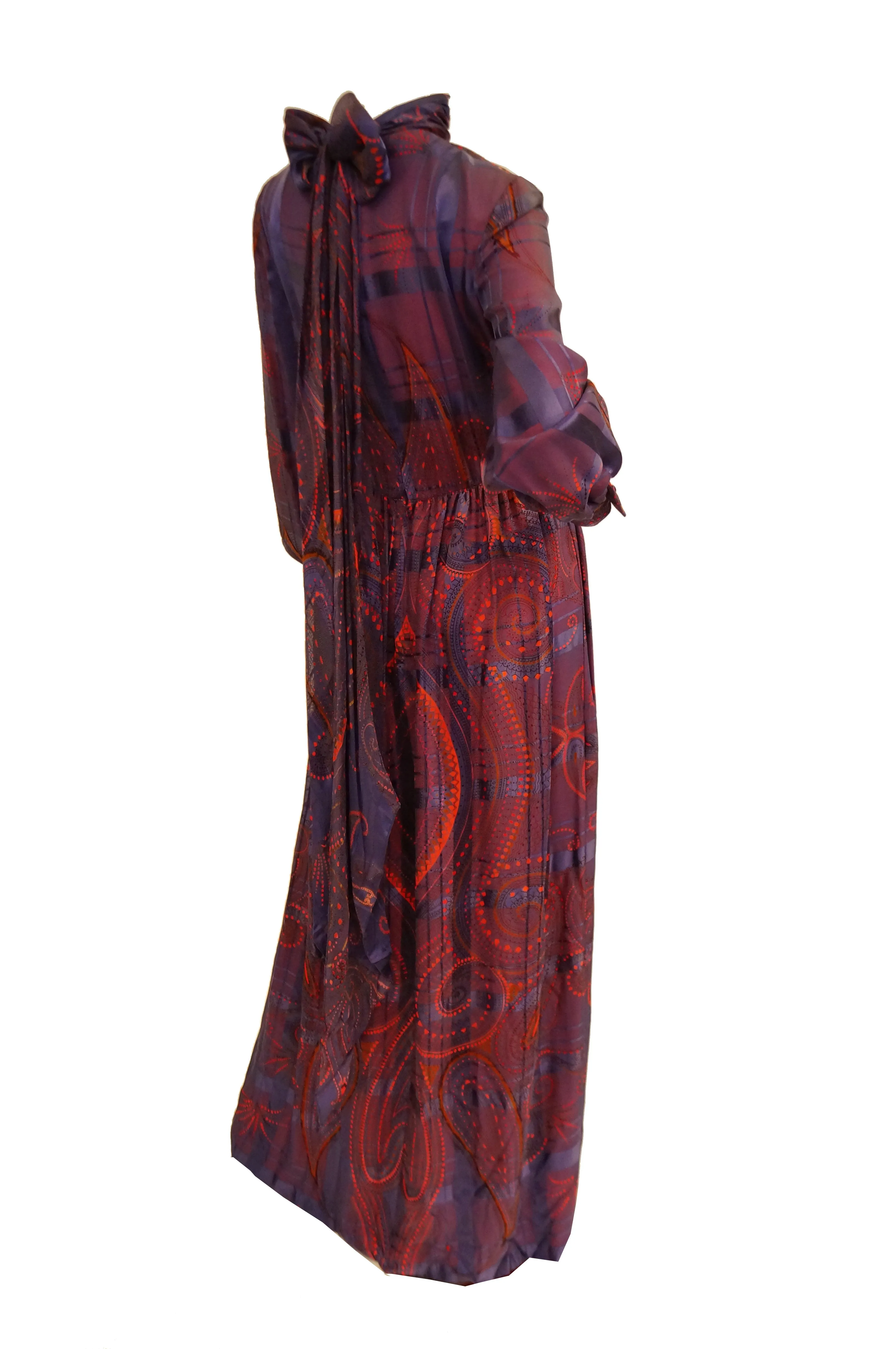 1970s Bill Blass Purple and Red Silk Evening Dress W/ Neck Tie/ Bow Detail