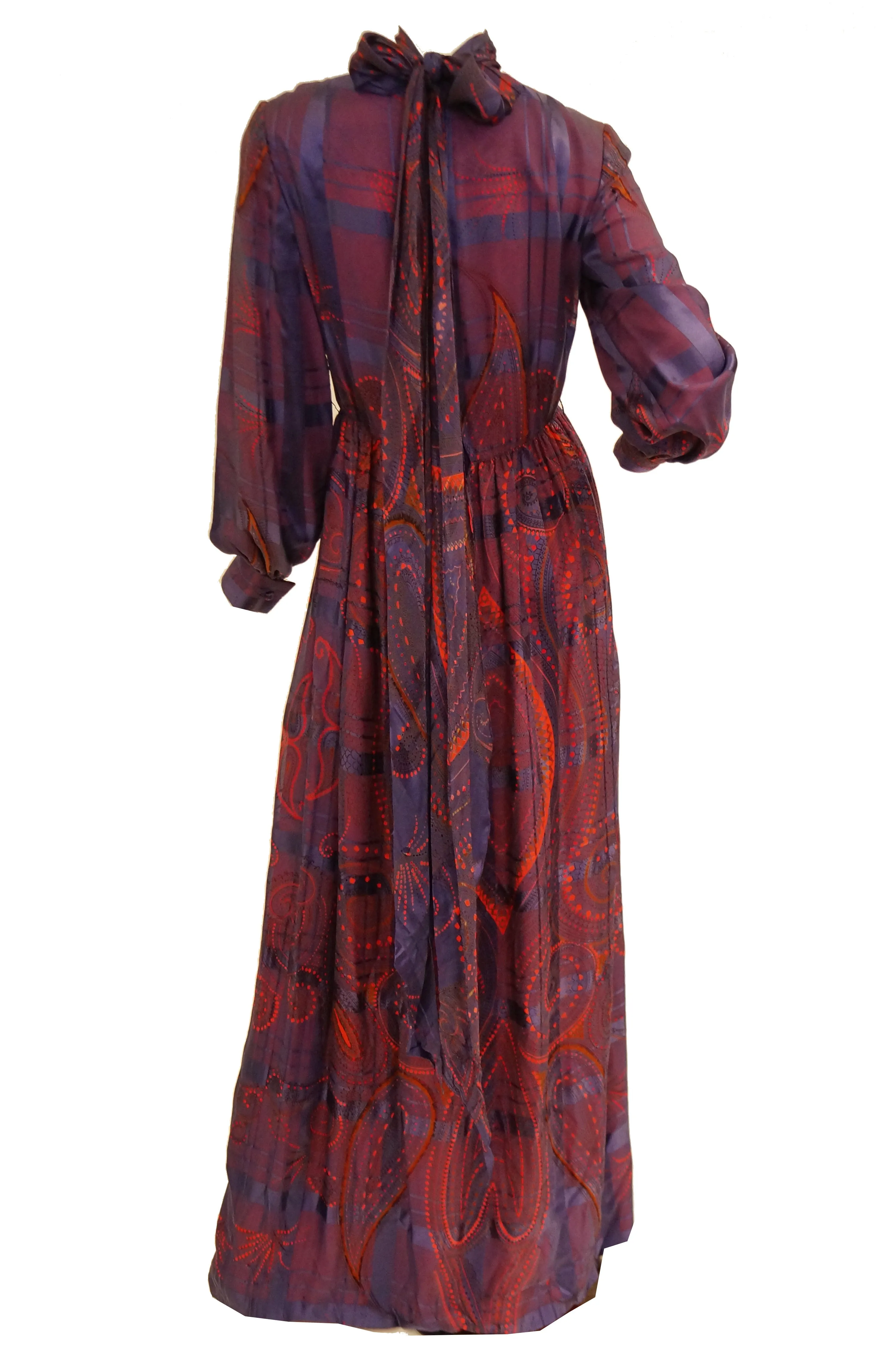 1970s Bill Blass Purple and Red Silk Evening Dress W/ Neck Tie/ Bow Detail