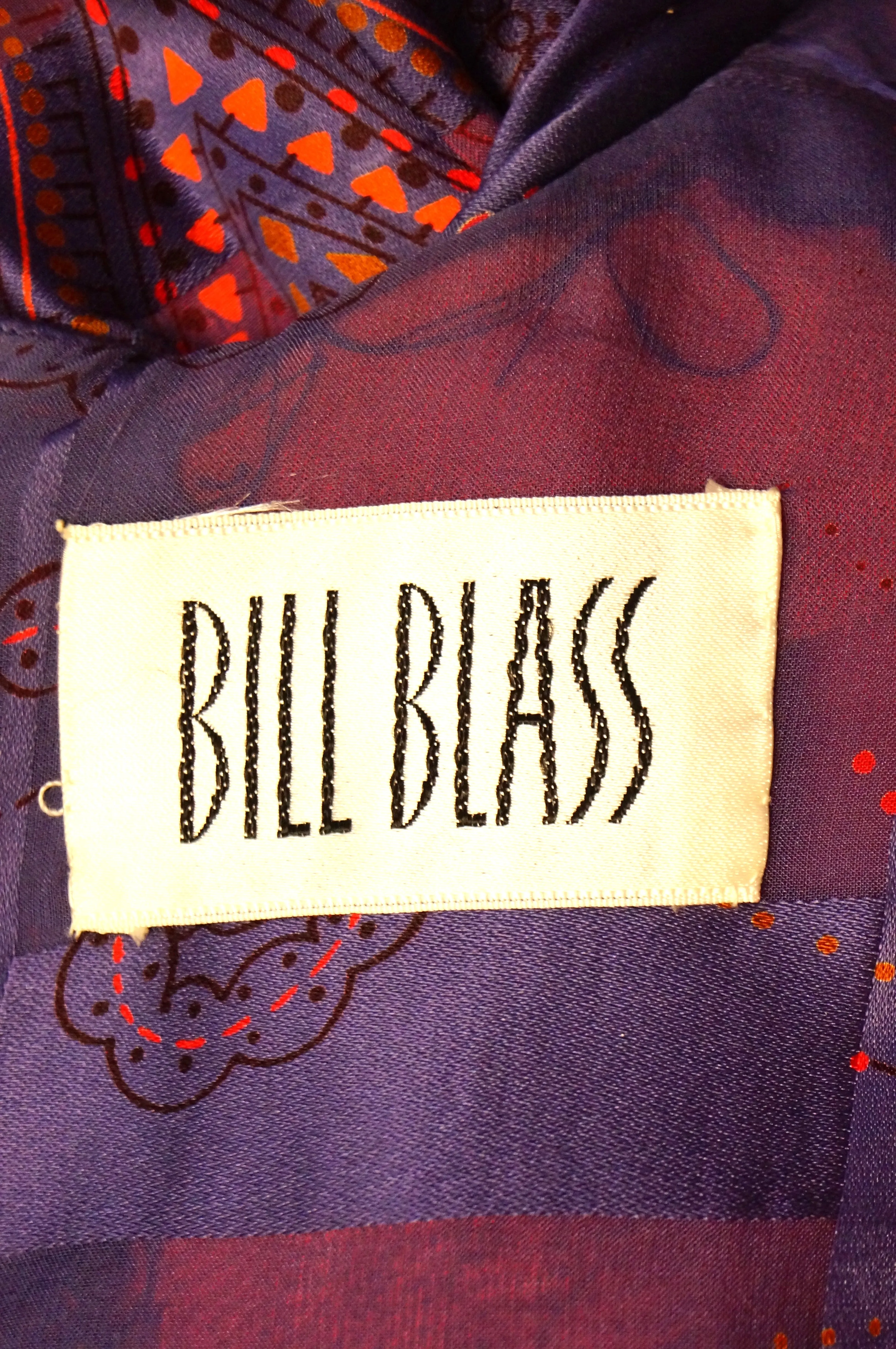 1970s Bill Blass Purple and Red Silk Evening Dress W/ Neck Tie/ Bow Detail