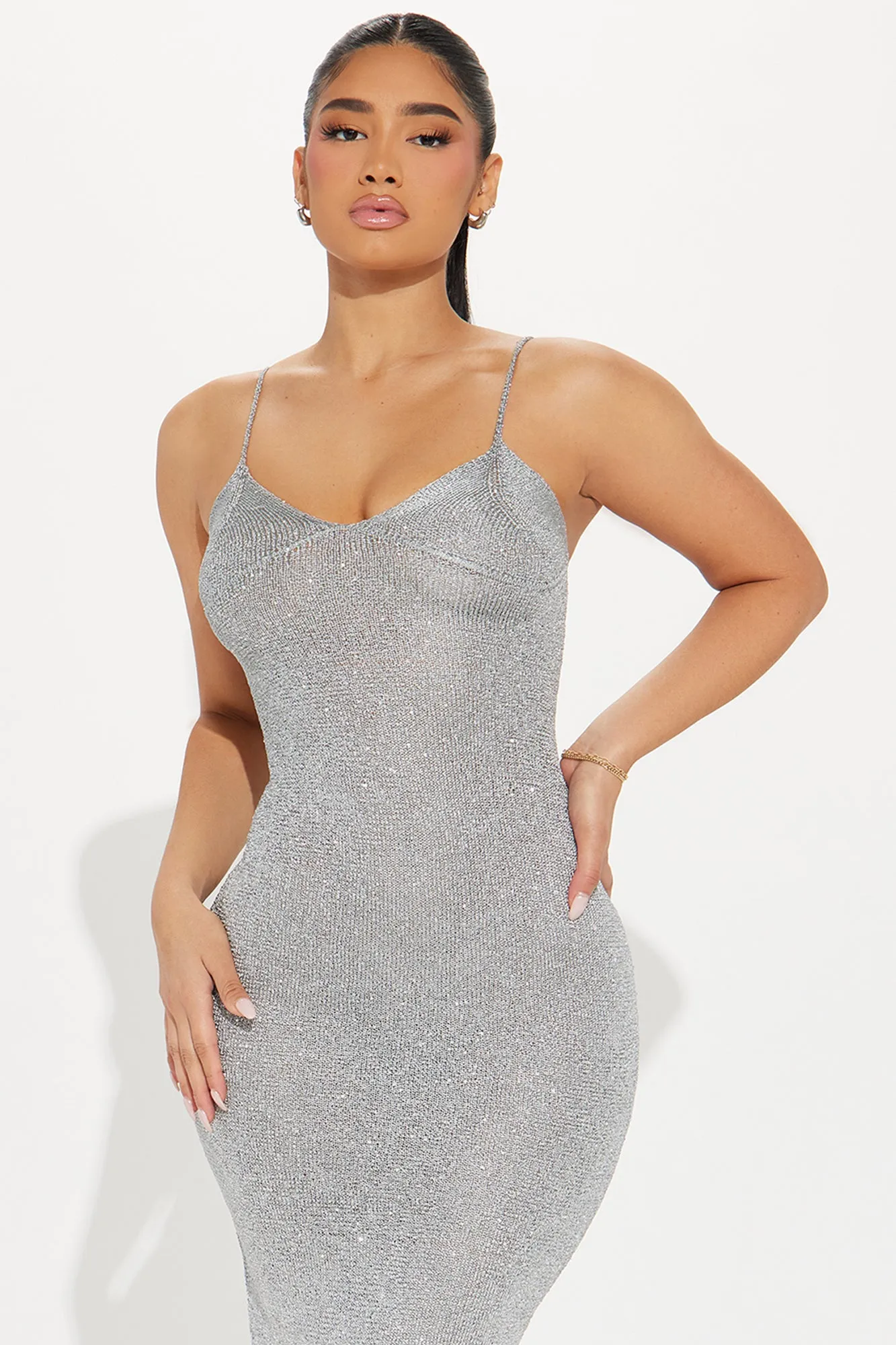 Angeline Metallic Knit Maxi Dress - Silver