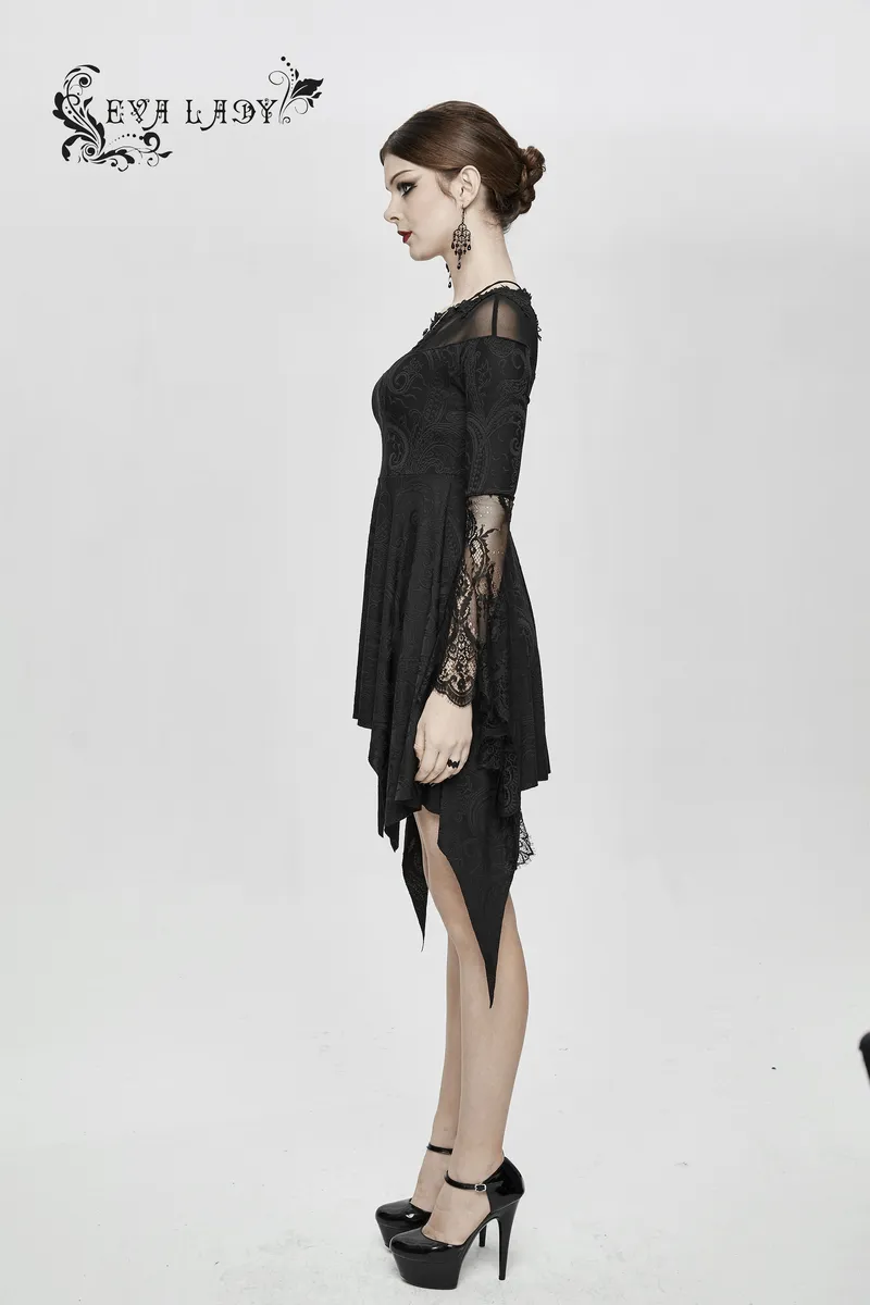 Asymmetrical Gothic Lace Dress with Silver Crosses / Romantic Long Sleeve Fringe Dress