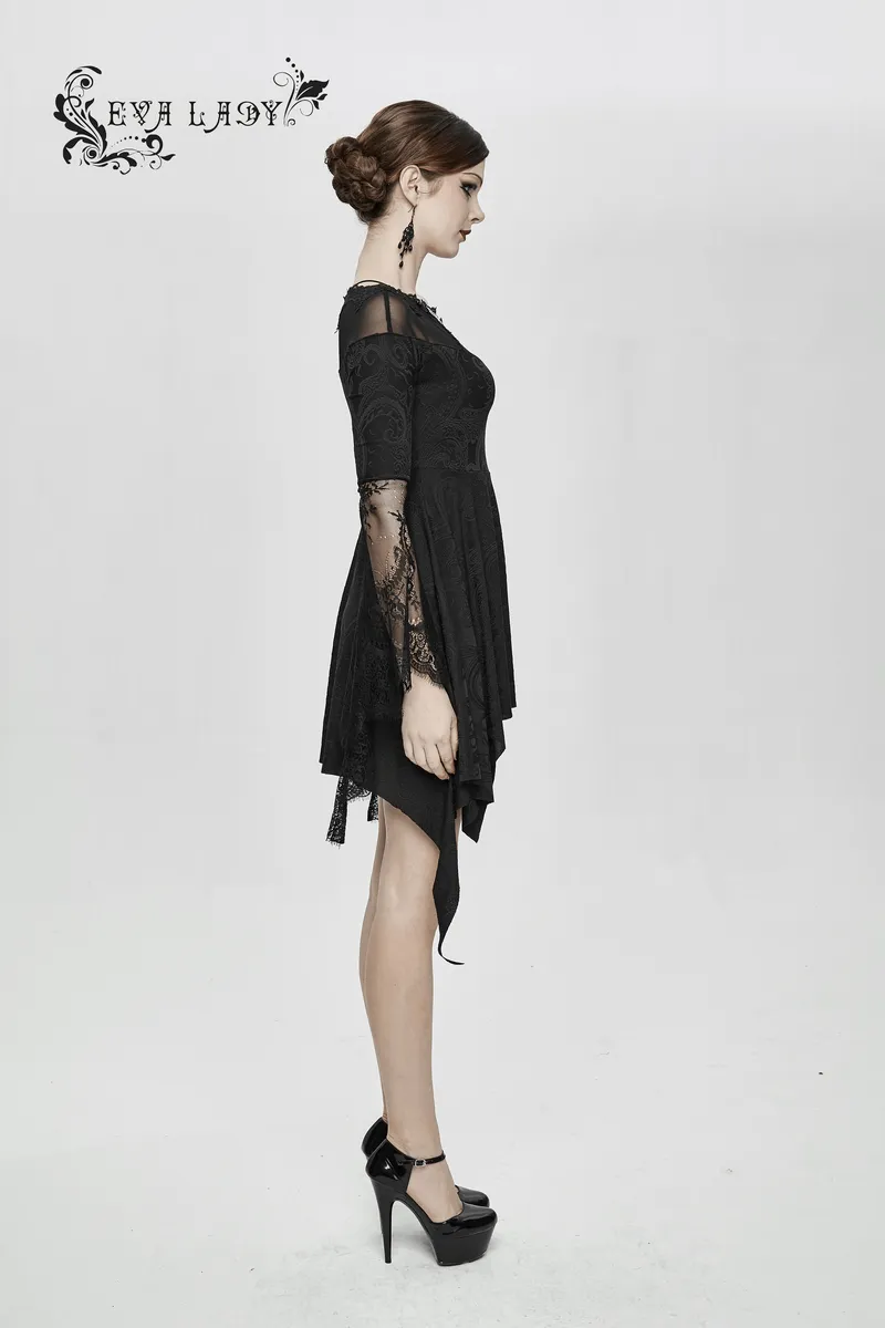 Asymmetrical Gothic Lace Dress with Silver Crosses / Romantic Long Sleeve Fringe Dress