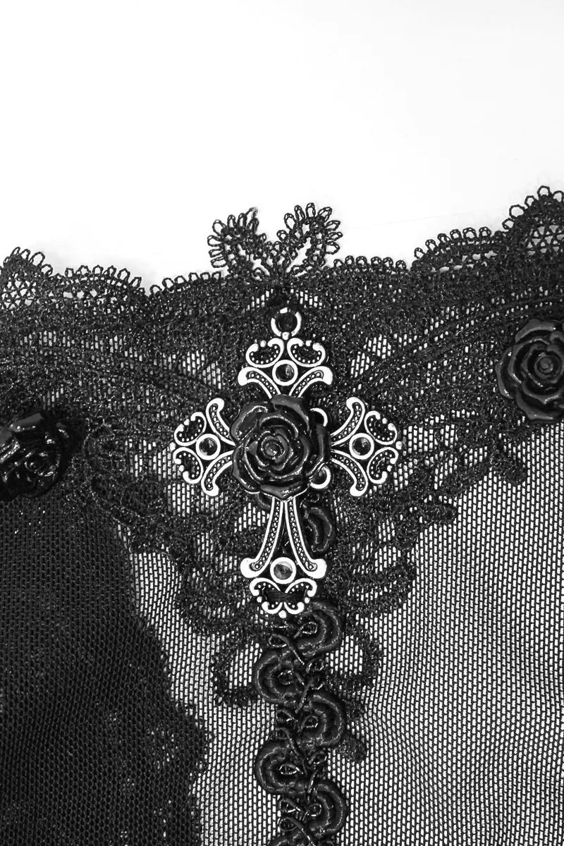 Asymmetrical Gothic Lace Dress with Silver Crosses / Romantic Long Sleeve Fringe Dress