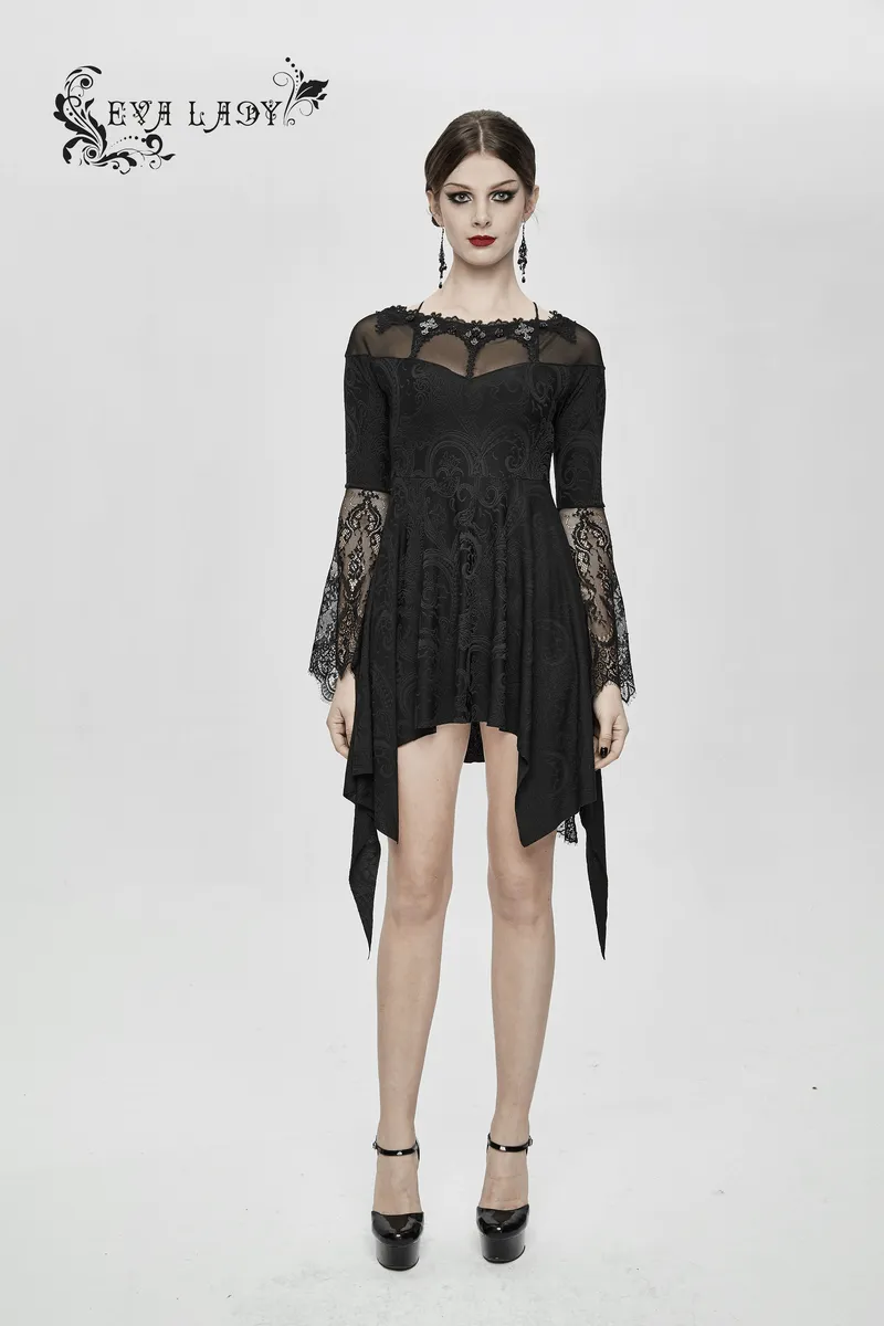 Asymmetrical Gothic Lace Dress with Silver Crosses / Romantic Long Sleeve Fringe Dress