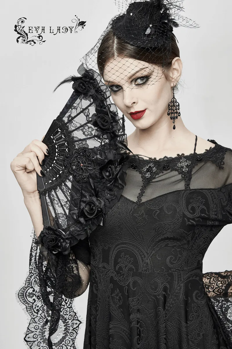 Asymmetrical Gothic Lace Dress with Silver Crosses / Romantic Long Sleeve Fringe Dress