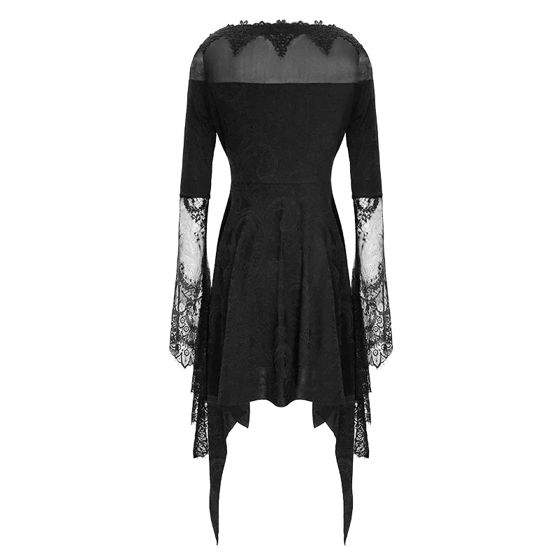 Asymmetrical Gothic Lace Dress with Silver Crosses / Romantic Long Sleeve Fringe Dress