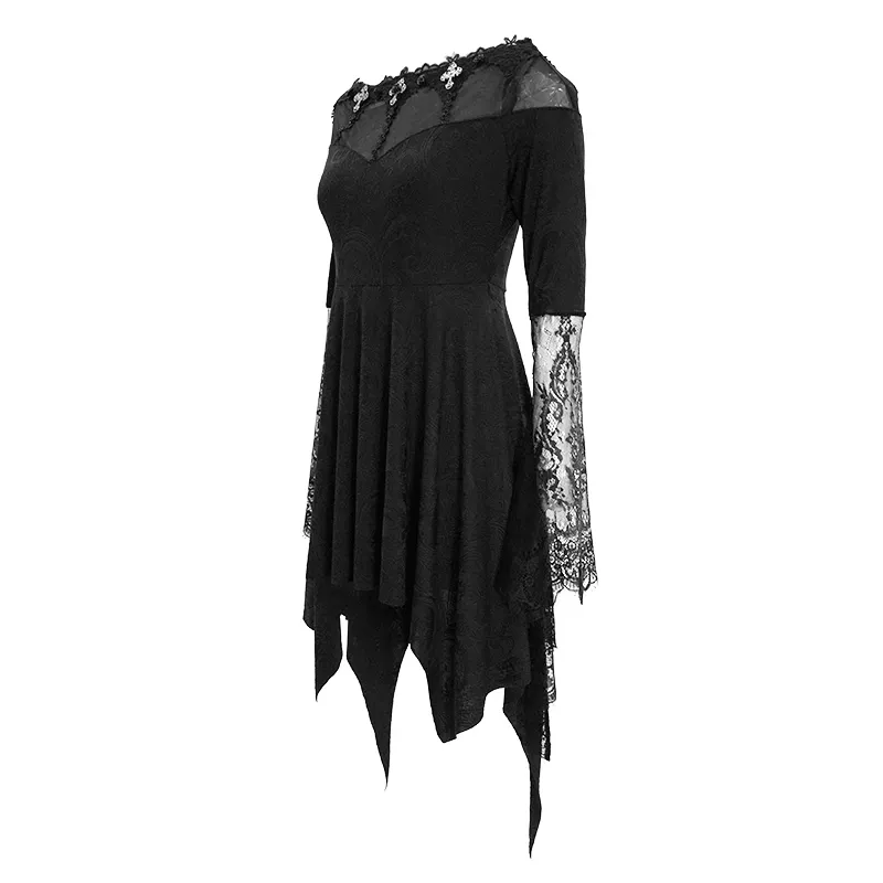 Asymmetrical Gothic Lace Dress with Silver Crosses / Romantic Long Sleeve Fringe Dress