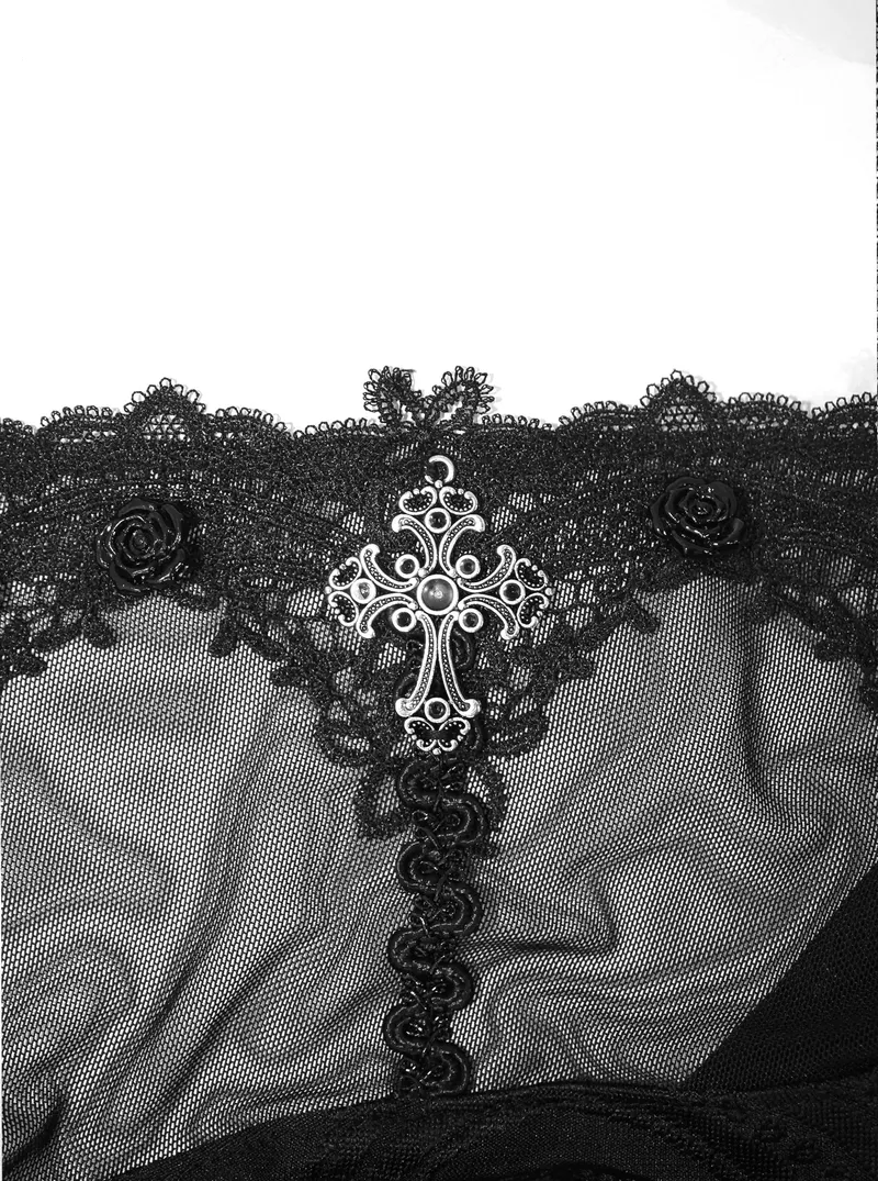 Asymmetrical Gothic Lace Dress with Silver Crosses / Romantic Long Sleeve Fringe Dress