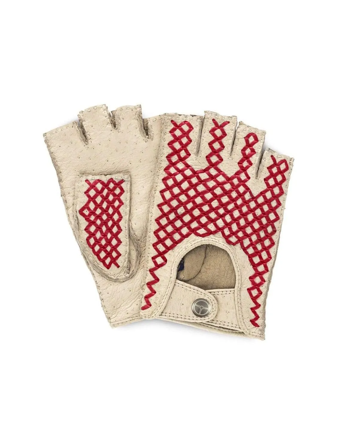 BESPOKE - Fingerless Peccary Leather Driving Gloves - Beige/Red