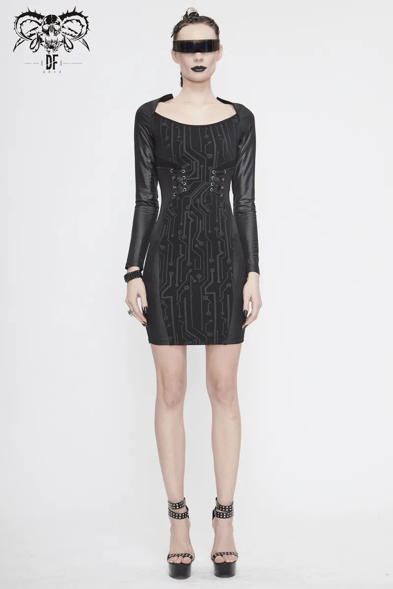 Black Long Sleeve Mini Dress / Dress in Gothic Style with Lace-up Waist