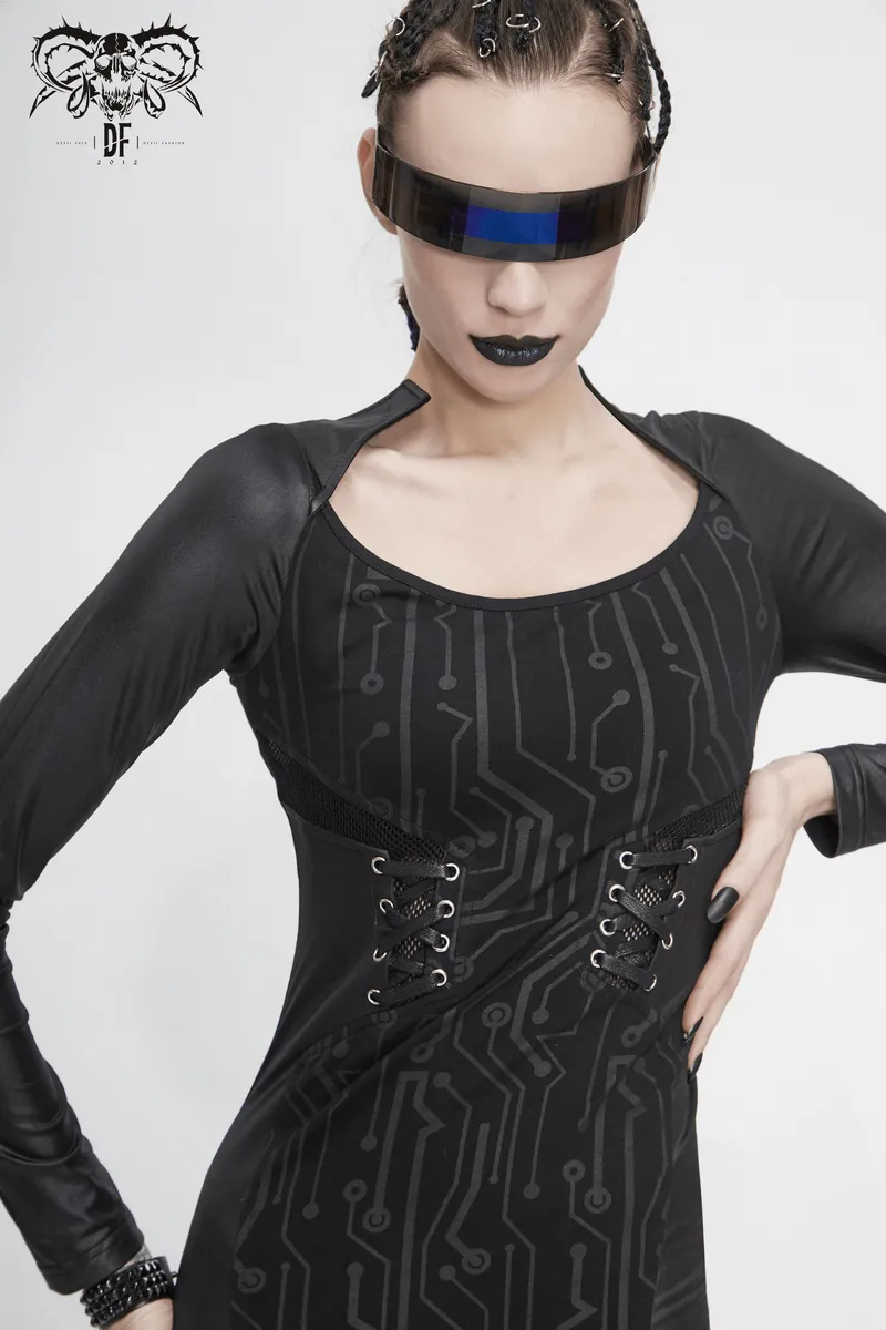 Black Long Sleeve Mini Dress / Dress in Gothic Style with Lace-up Waist
