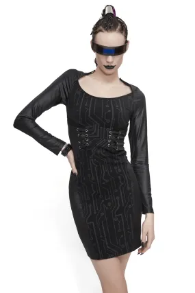 Black Long Sleeve Mini Dress / Dress in Gothic Style with Lace-up Waist