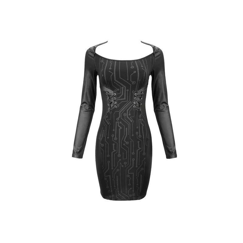 Black Long Sleeve Mini Dress / Dress in Gothic Style with Lace-up Waist