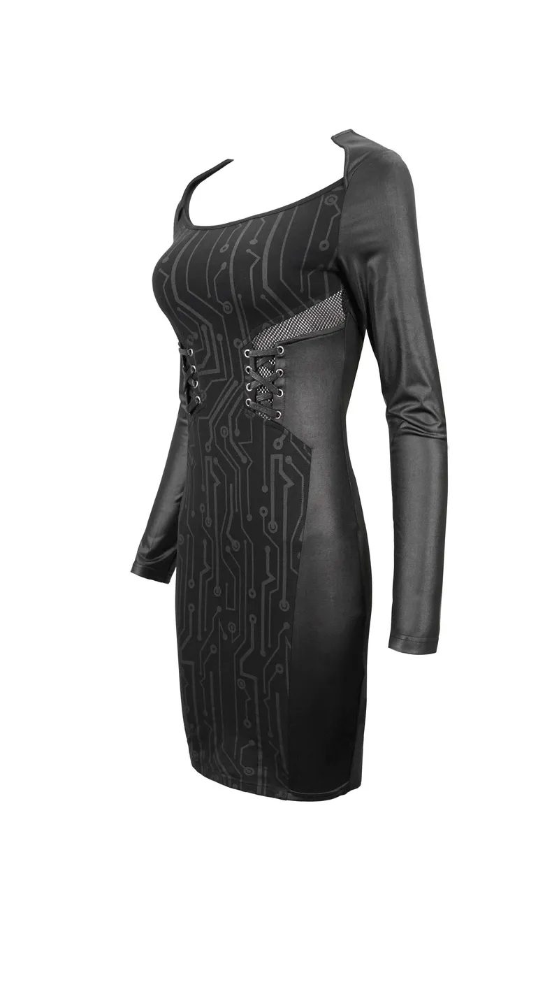 Black Long Sleeve Mini Dress / Dress in Gothic Style with Lace-up Waist