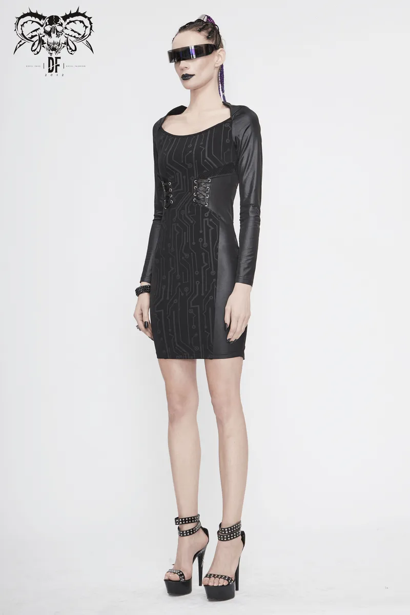 Black Long Sleeve Mini Dress / Dress in Gothic Style with Lace-up Waist