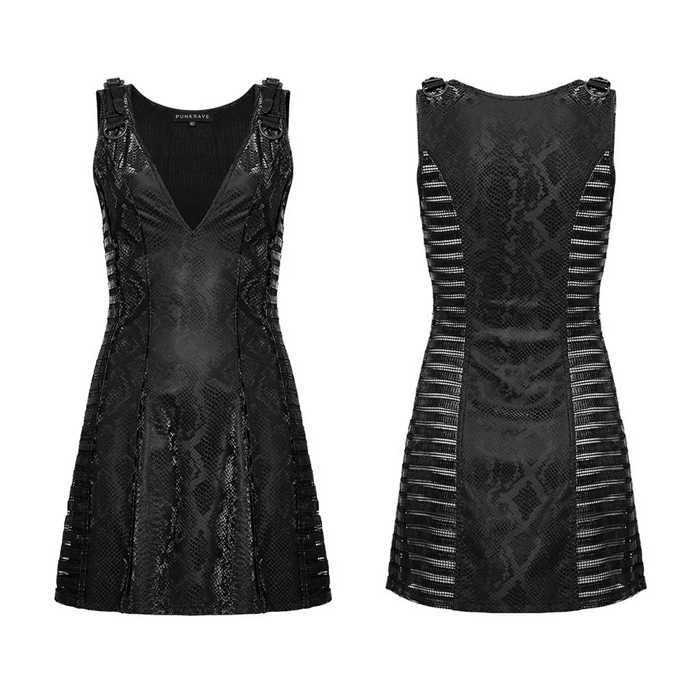 Black Snake Print Sleeveless Dress with Rhinestones