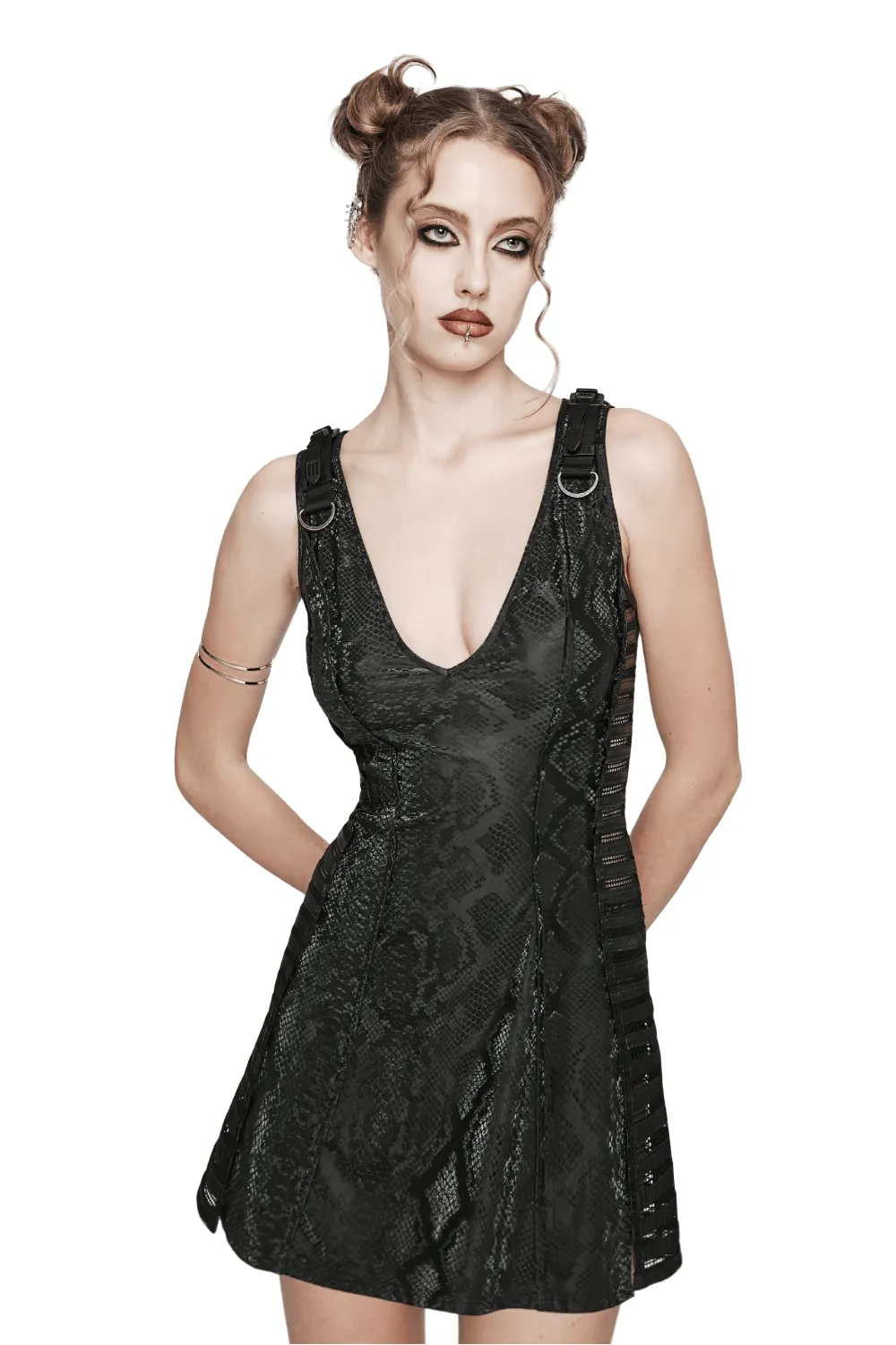 Black Snake Print Sleeveless Dress with Rhinestones
