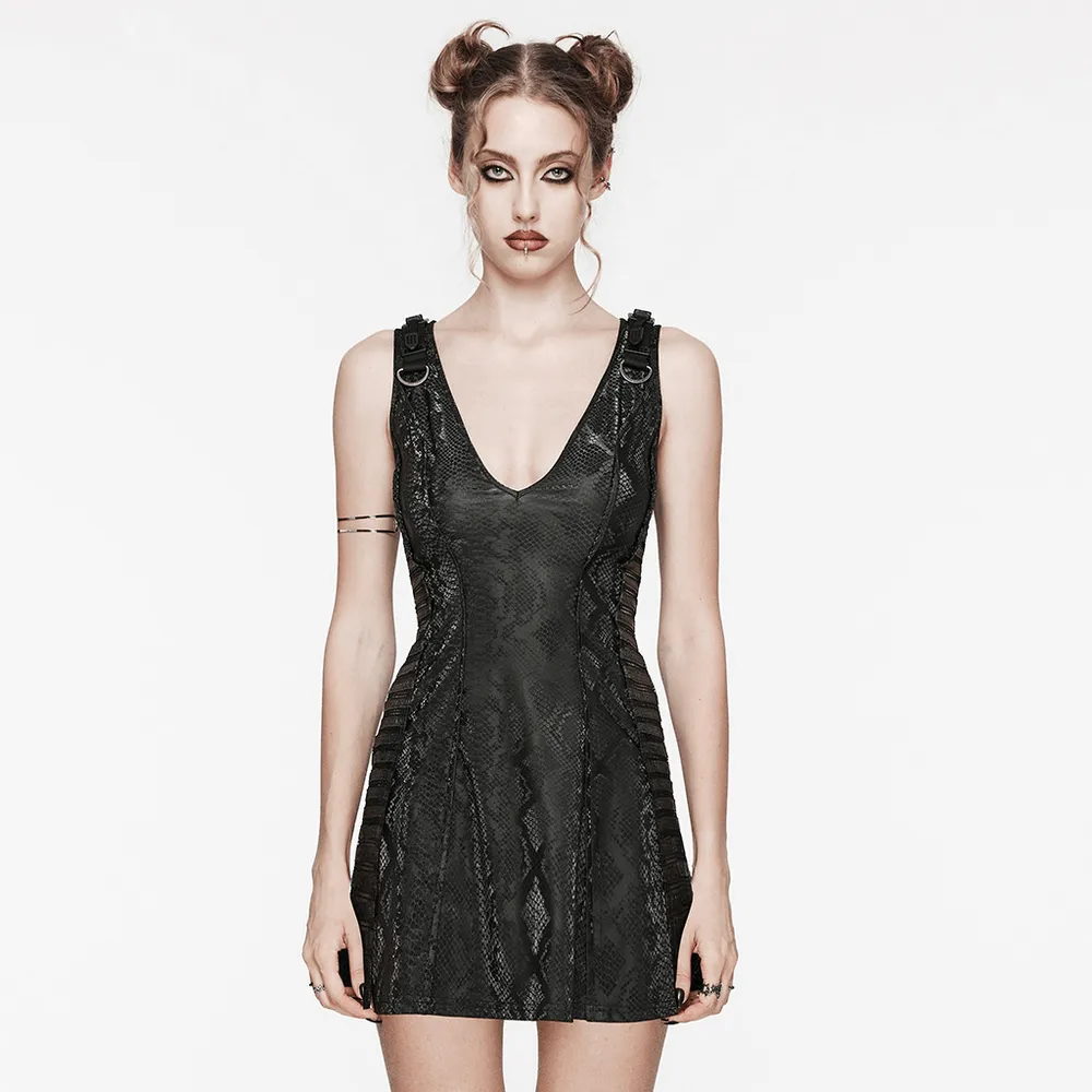 Black Snake Print Sleeveless Dress with Rhinestones