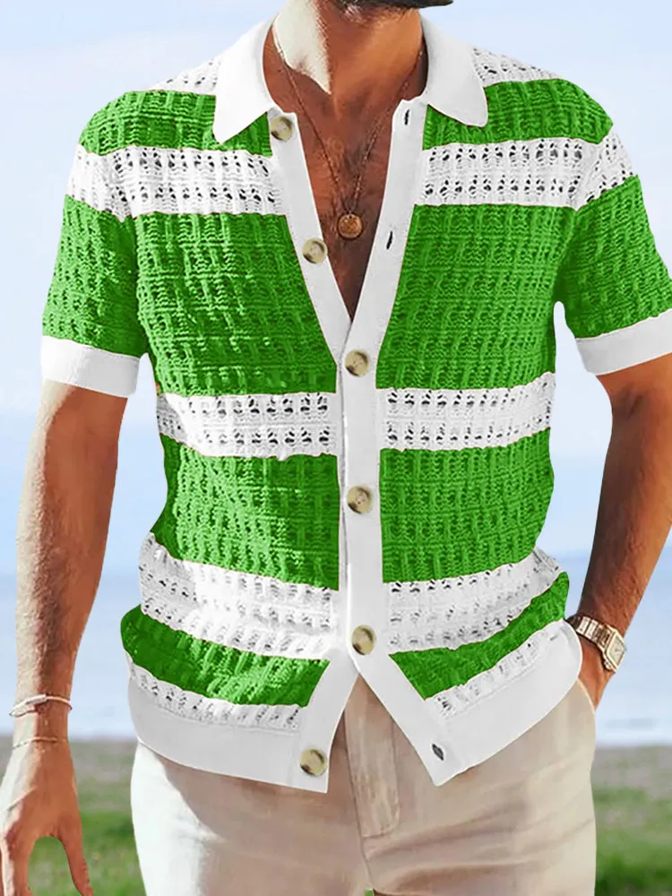 Color Blocking Short-sleeved Knitted Cardigan