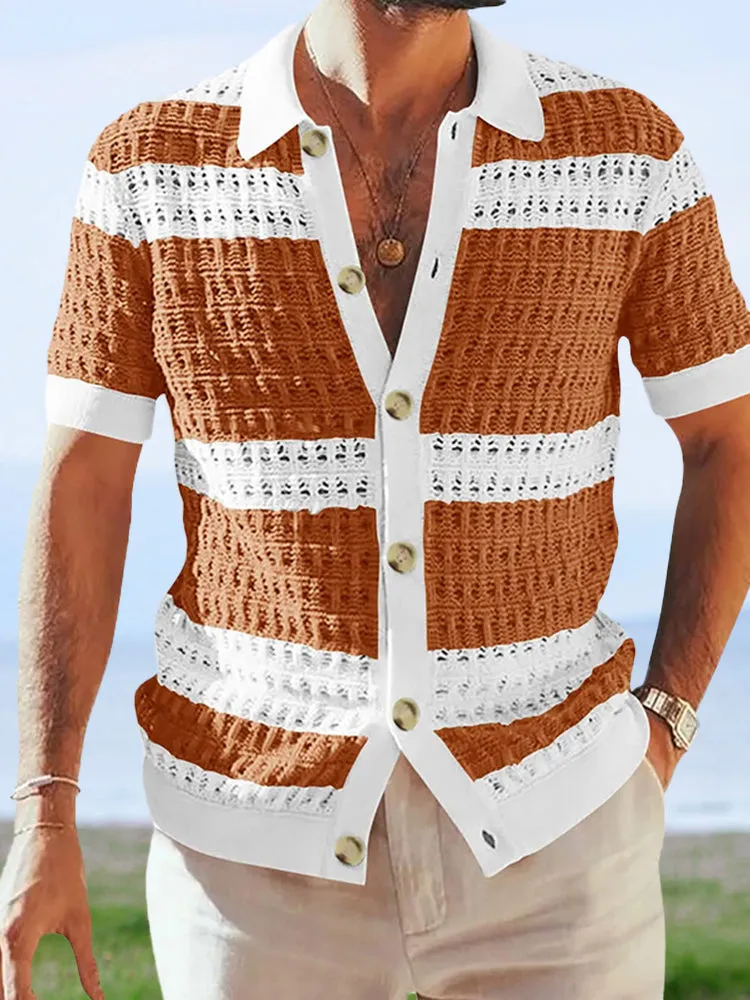 Color Blocking Short-sleeved Knitted Cardigan