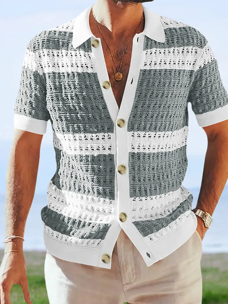 Color Blocking Short-sleeved Knitted Cardigan
