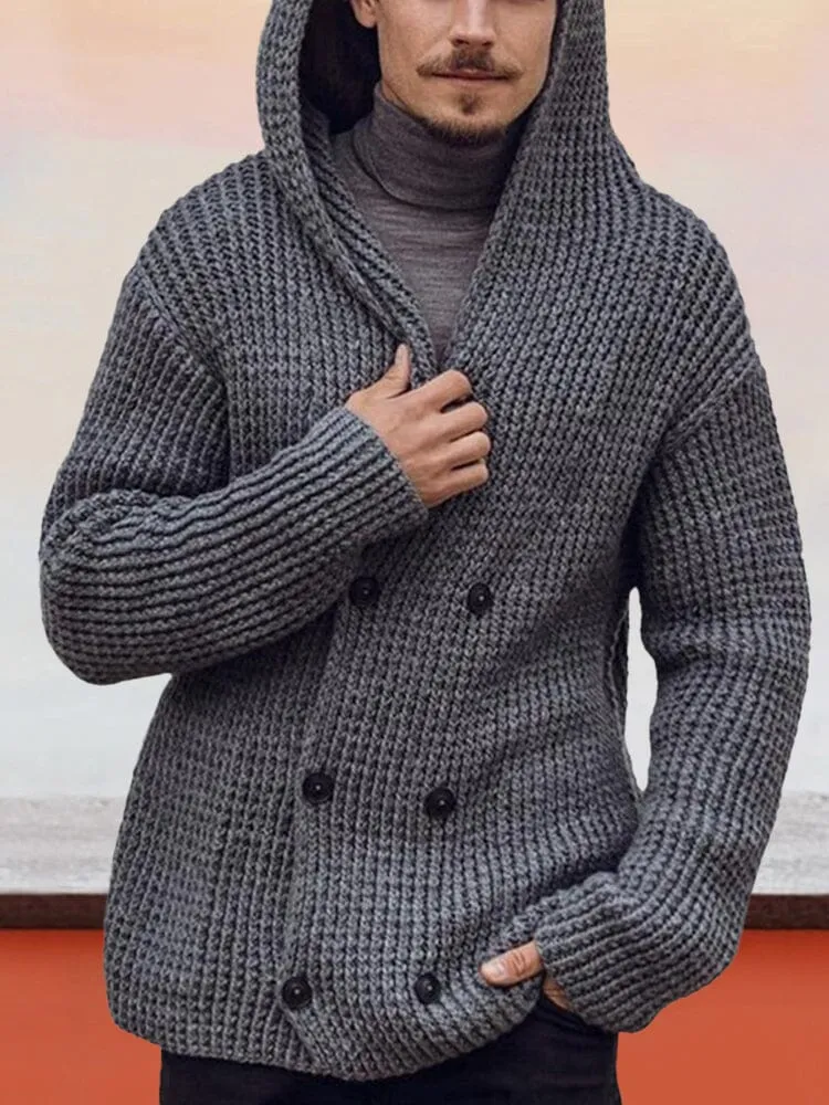 Double-breasted Cardigan Hooded Knit Sweater