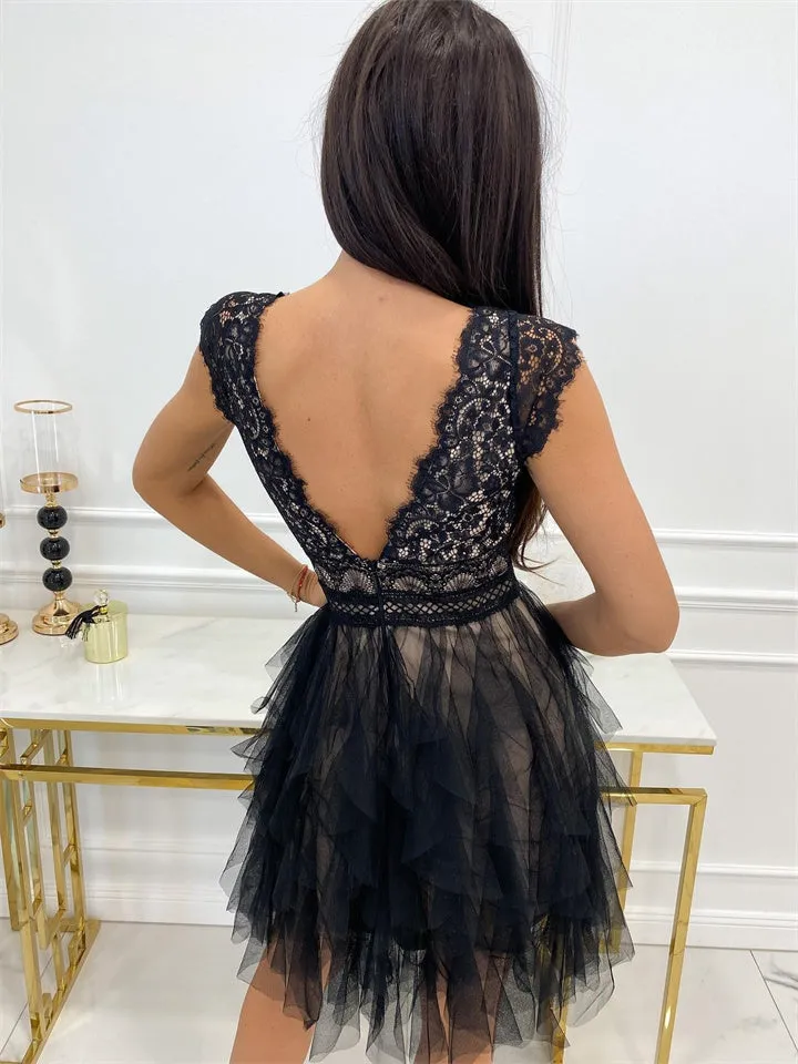 Flytonn-Graduation Gift Back to School Season Summer Vacation Dress Spring Outfit New Sexy V-neck Lace Stitching Dress Short Sleeve Fashion White Dresses