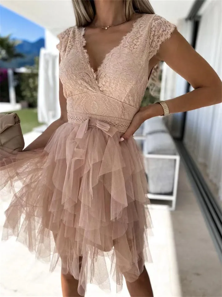 Flytonn-Graduation Gift Back to School Season Summer Vacation Dress Spring Outfit New Sexy V-neck Lace Stitching Dress Short Sleeve Fashion White Dresses