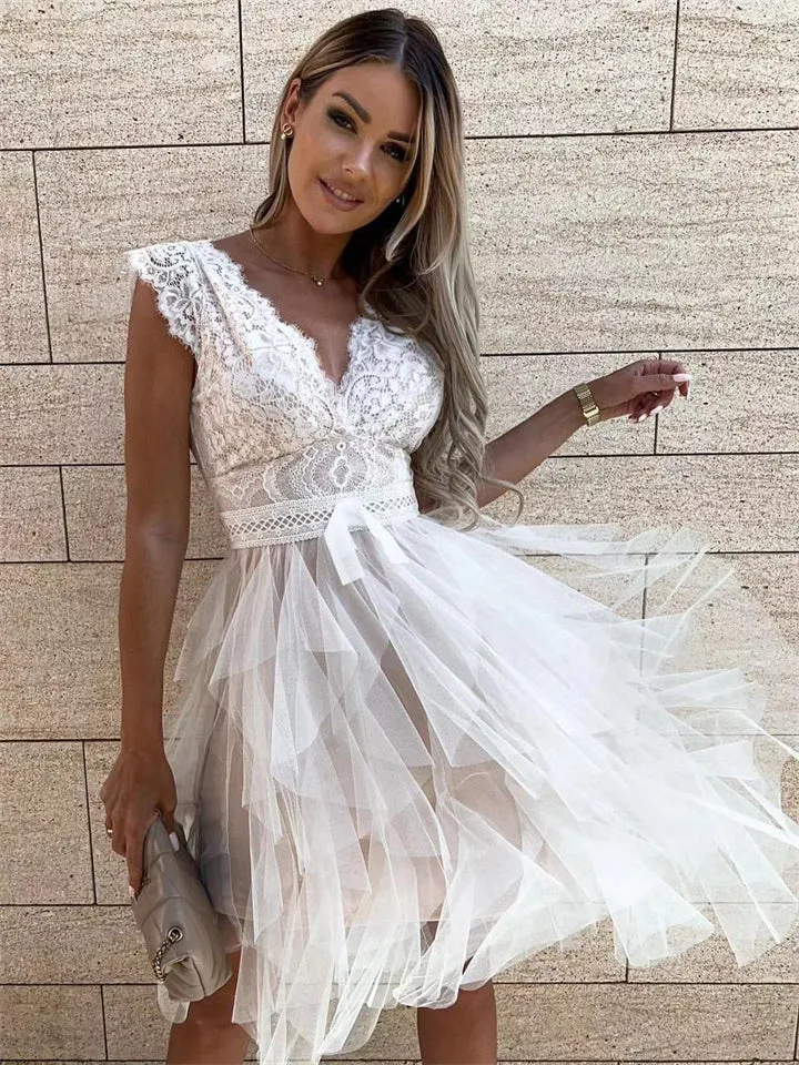 Flytonn-Graduation Gift Back to School Season Summer Vacation Dress Spring Outfit New Sexy V-neck Lace Stitching Dress Short Sleeve Fashion White Dresses