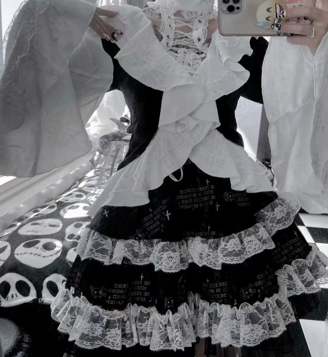 Gothic Skirt Set Halter Top Puff Bunny Ears Skirt