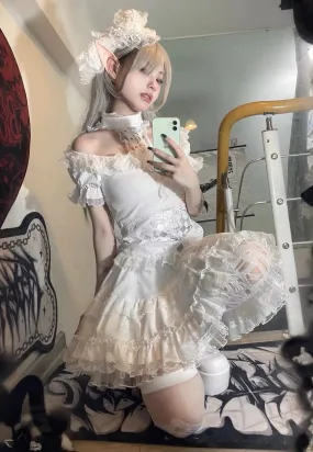 Gothic Skirt Set Halter Top Puff Bunny Ears Skirt
