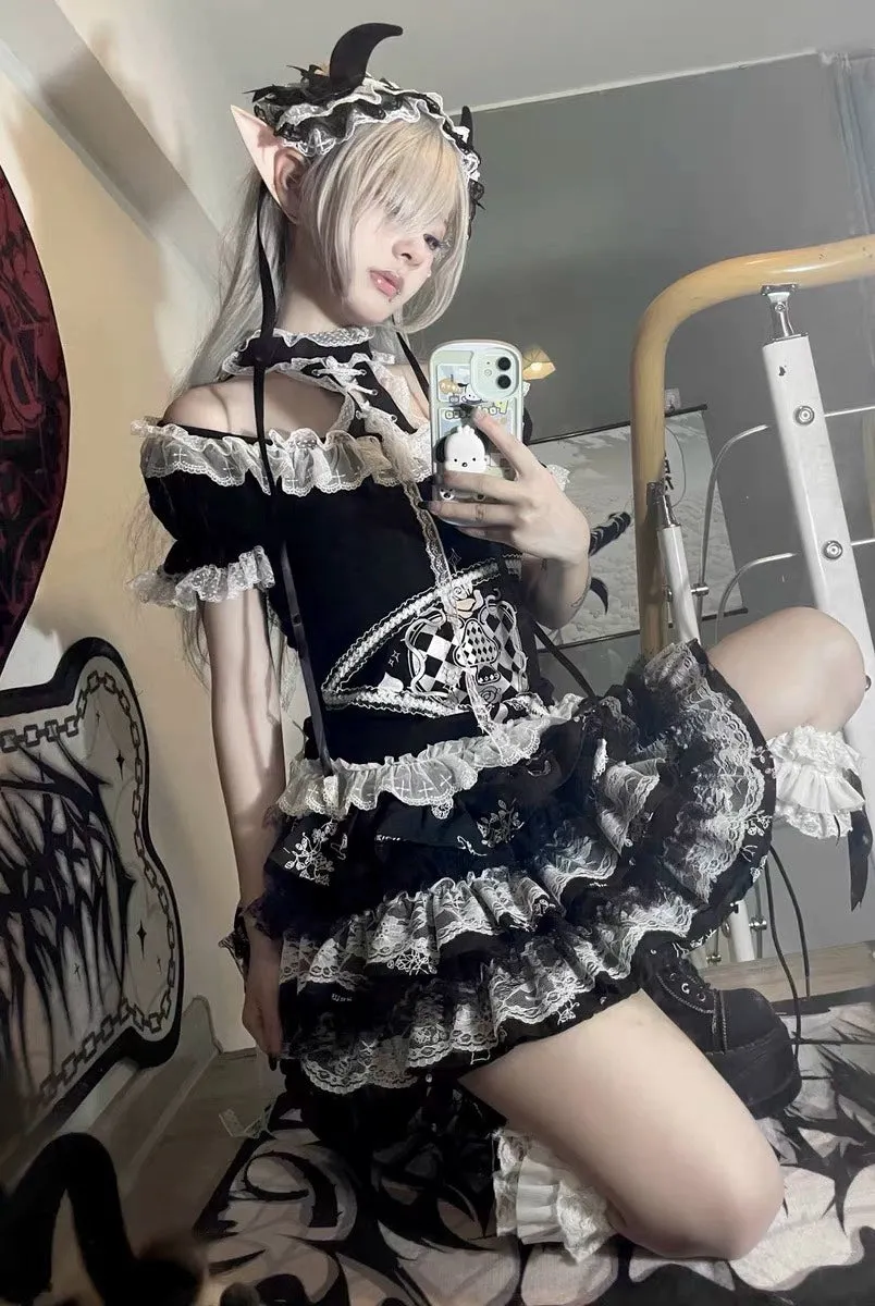 Gothic Skirt Set Halter Top Puff Bunny Ears Skirt