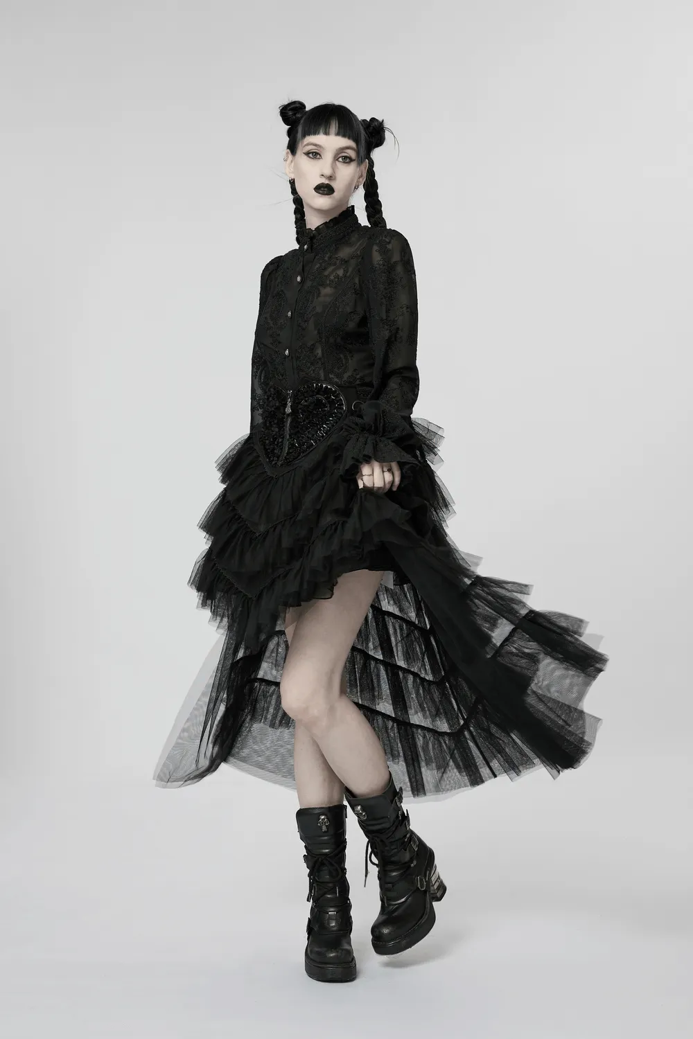 Gothic Tiered Tulle Ruffle Skirt with Accents