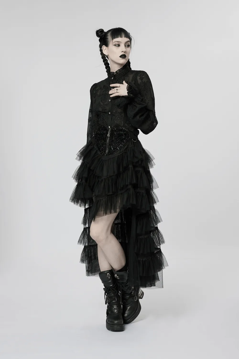 Gothic Tiered Tulle Ruffle Skirt with Accents
