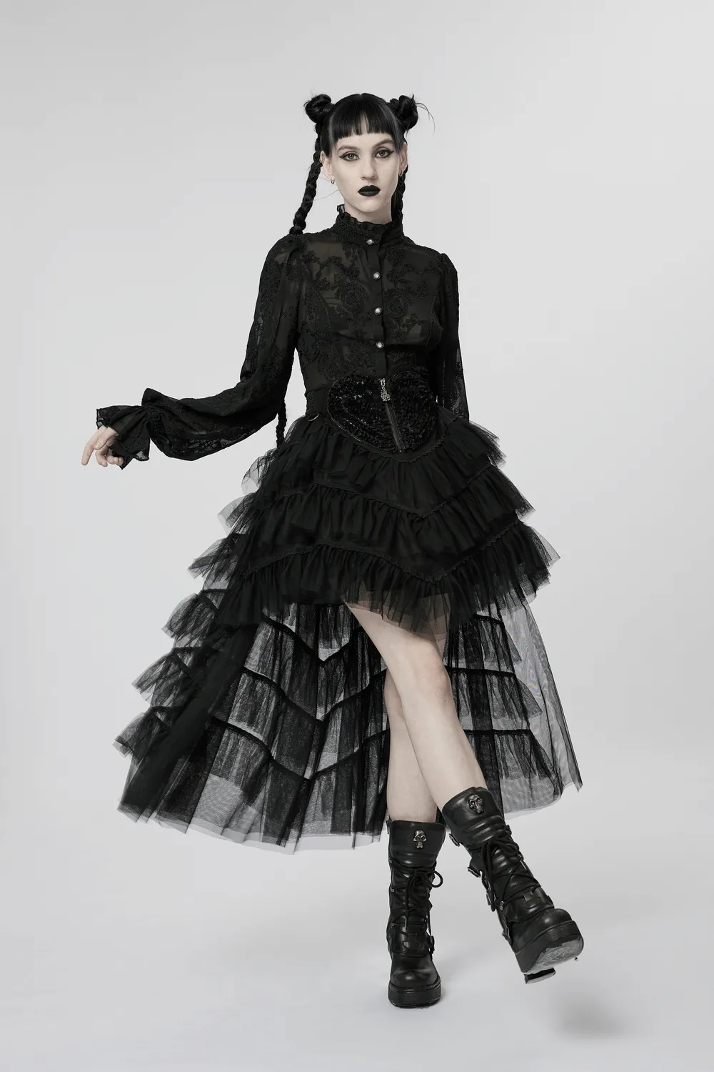 Gothic Tiered Tulle Ruffle Skirt with Accents