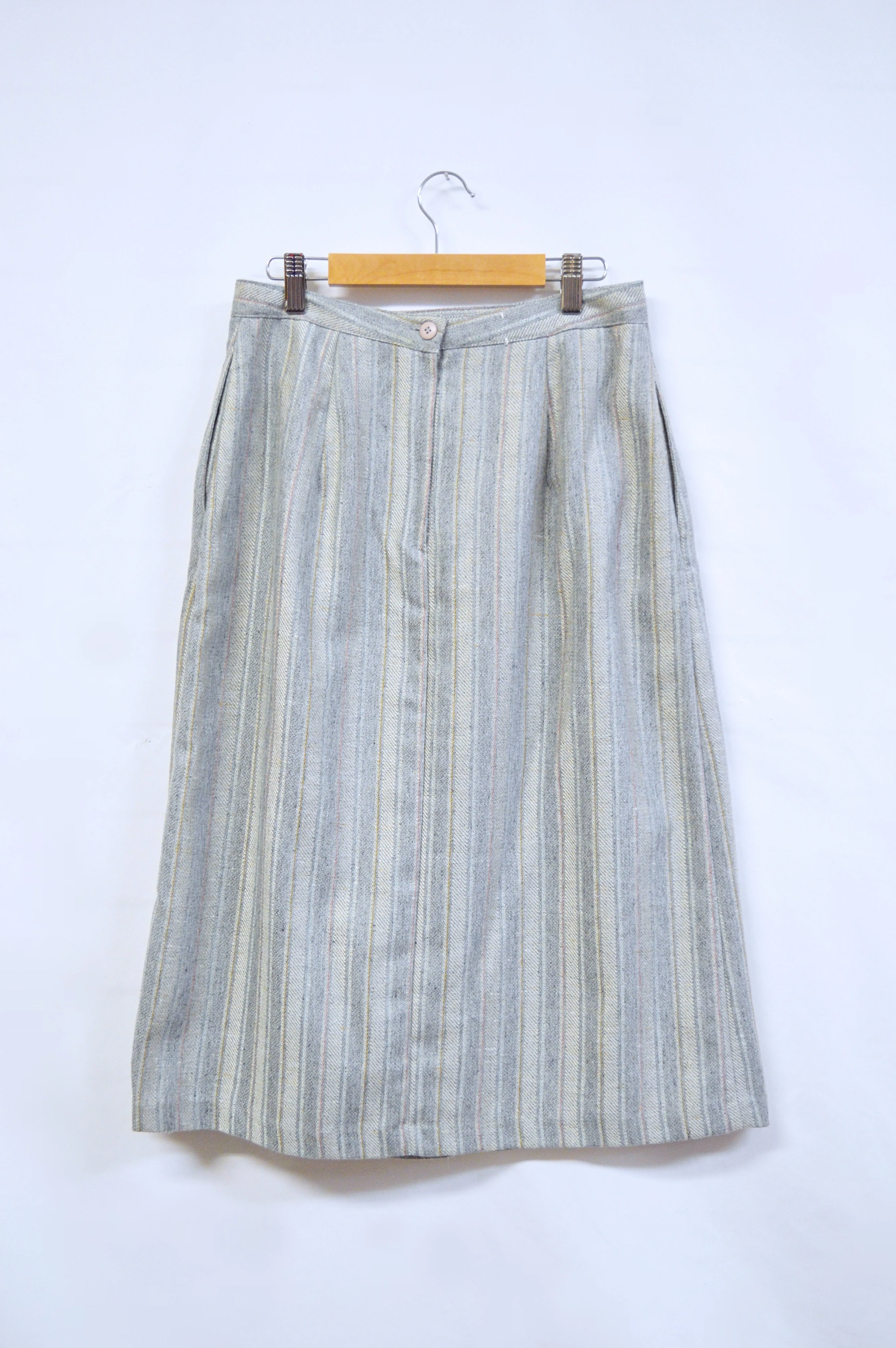 Grey Striped Textile Midi Skirt | S