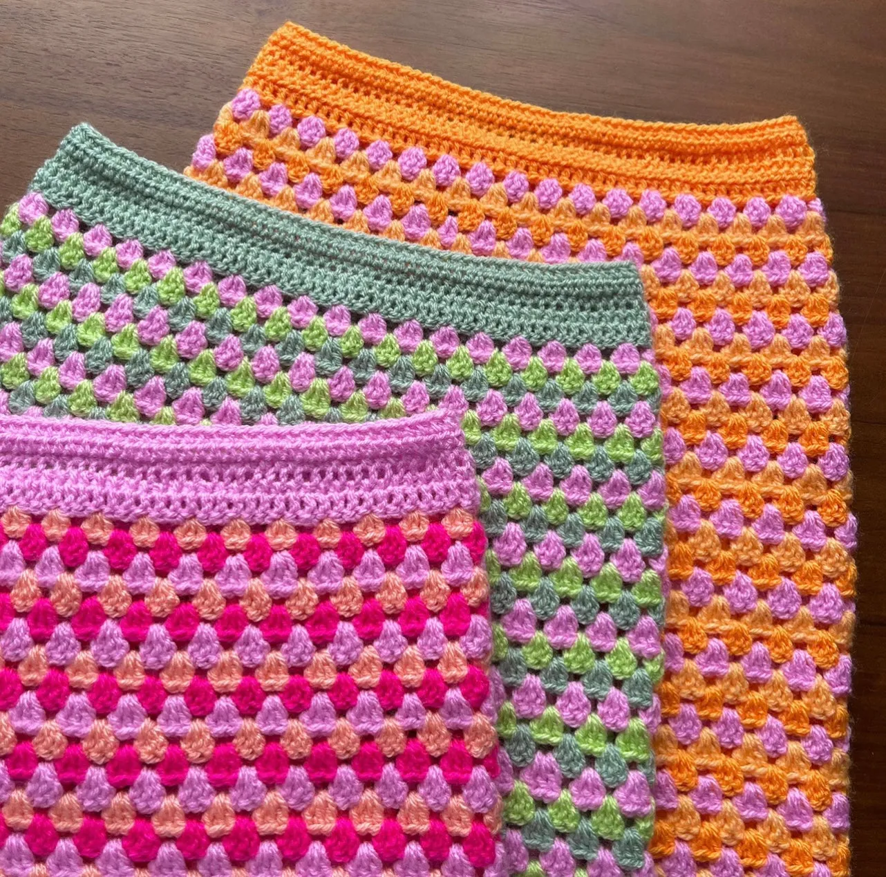 Handmade retro crochet mini skirt in pink and green