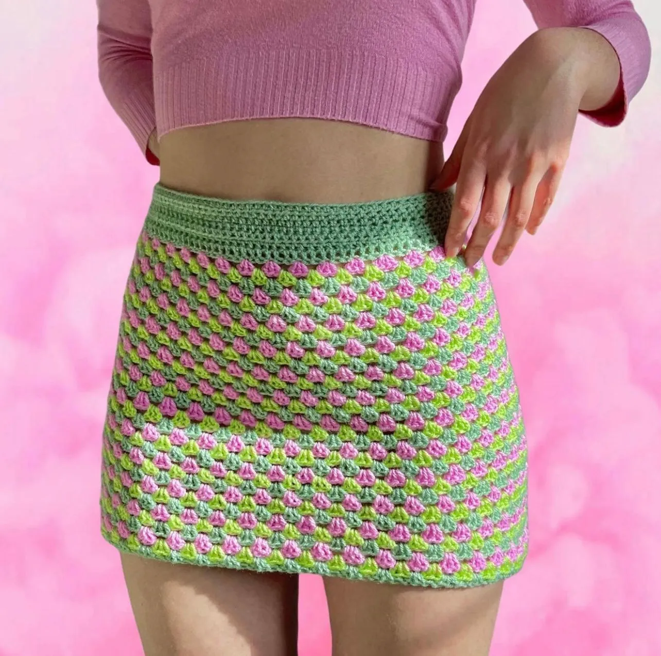 Handmade retro crochet mini skirt in pink and green