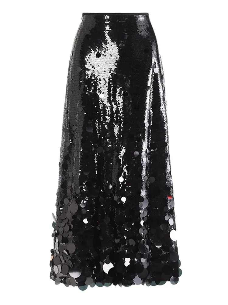 High-Waist Metallic Sequin Maxi Skirt