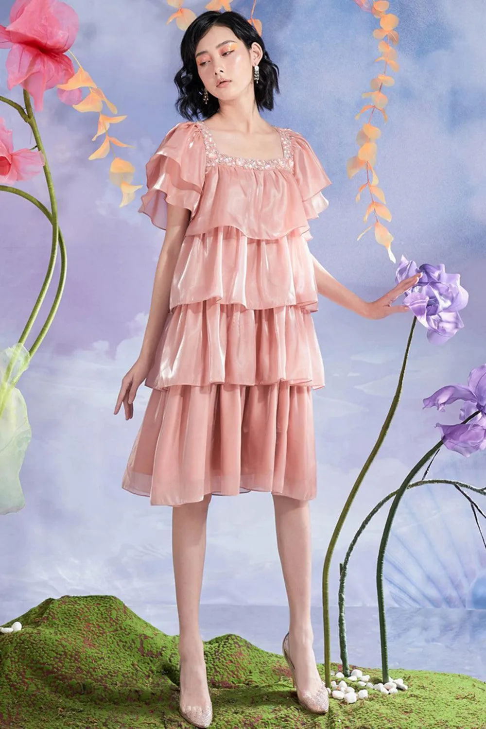 Layla Layered Ruffled Silk Satin Knee-length Dress