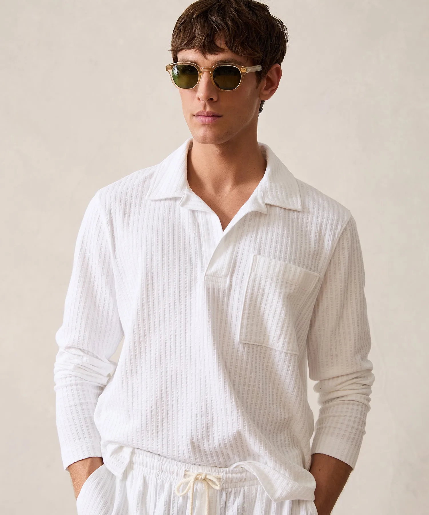 Long-Sleeve Knit Seersucker Polo in New White