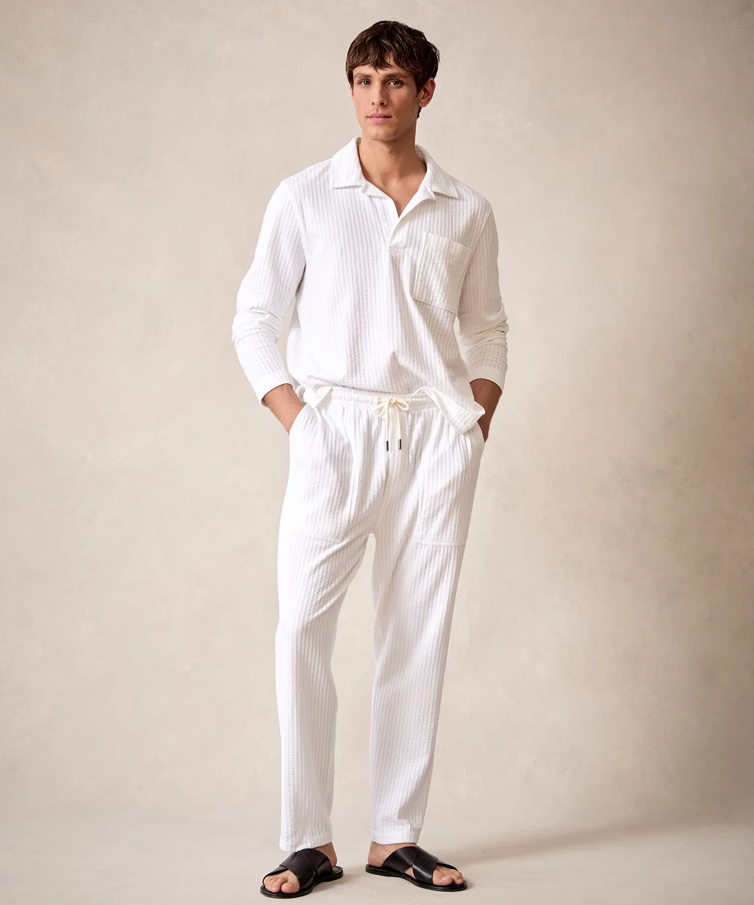 Long-Sleeve Knit Seersucker Polo in New White