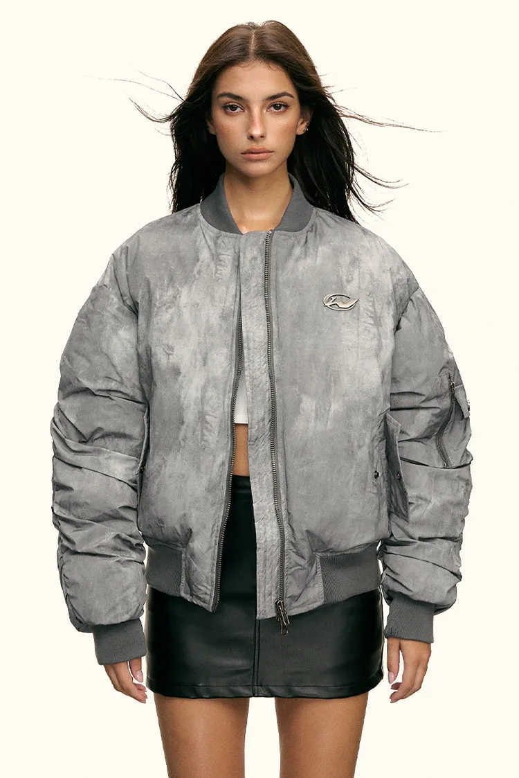 Oversized Faded Bomber Jacket with Ruched Sleeves and Utility Pockets