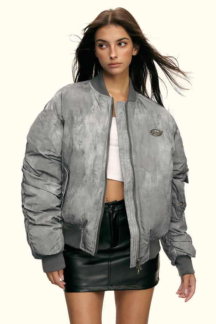 Oversized Faded Bomber Jacket with Ruched Sleeves and Utility Pockets